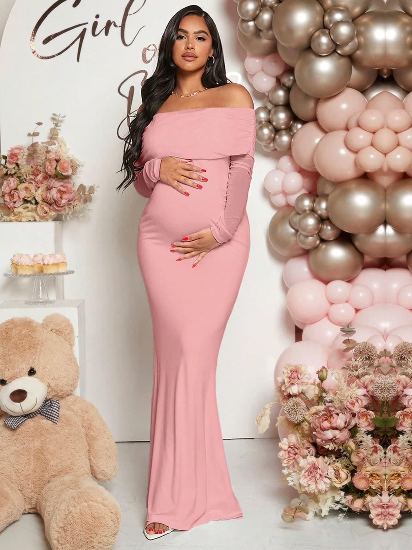 Loomaby Pregnant Women Off-Shoulder Fishtail Baby Shower Long Sleeve Dress For Maternity Fall