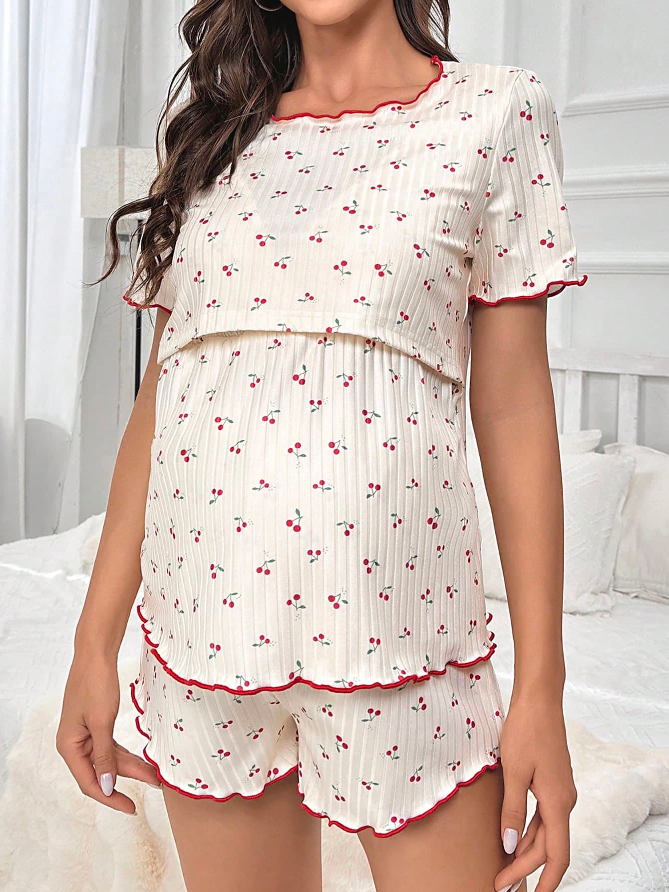 Moonlight&Mama Maternity Cherry Print Lettuce Trim Nursing Detail Tee & Shorts PJ Set / Pajama Set