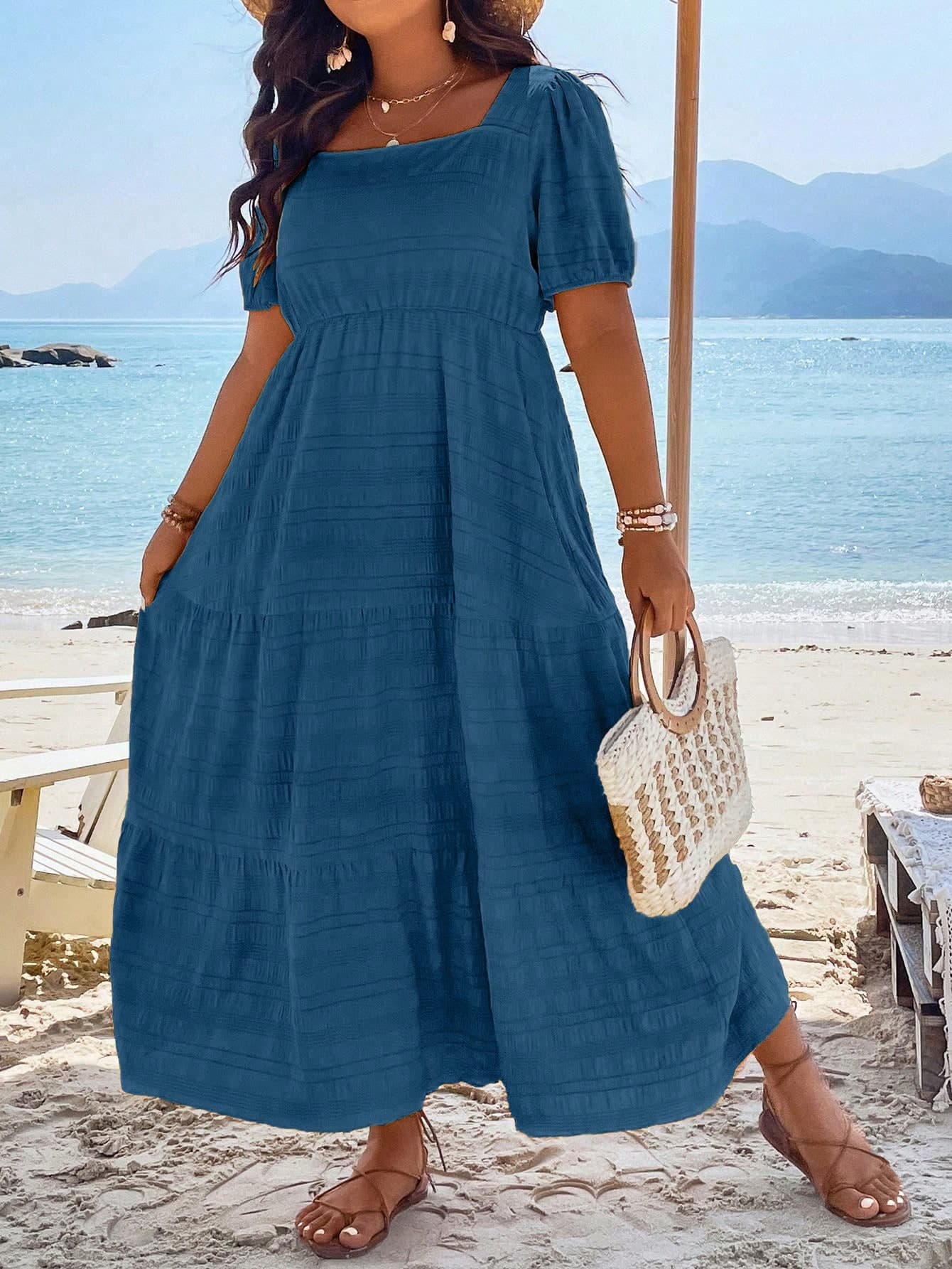 Breezaya Plus Square Neck Puff Sleeve Ruffle Hem Dress Maxi Women Outfit