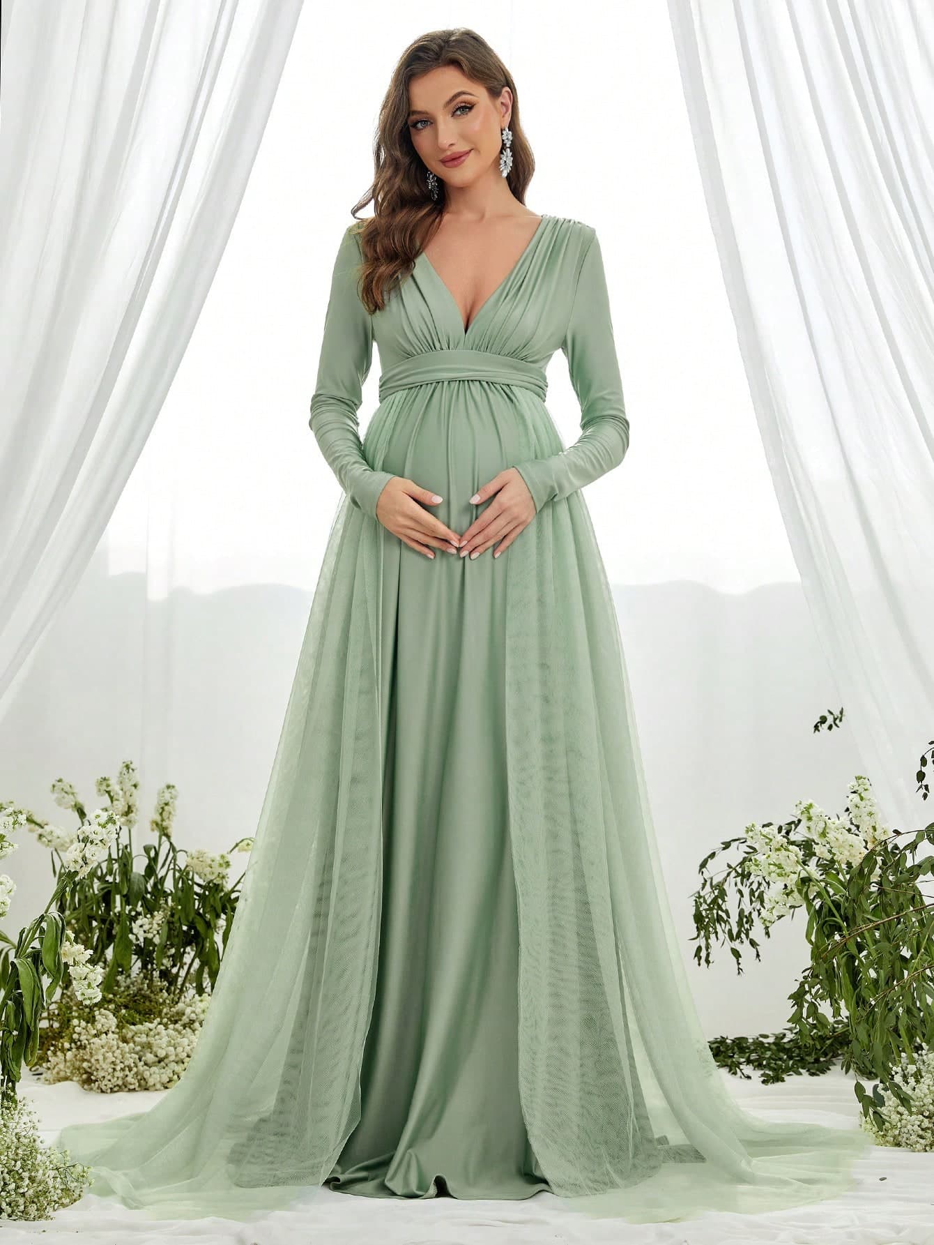 Faeriesty Elegant Maternity Gown - Deep V-Neck, Long Sleeves & Tulle Side Panels - Perfect For Baby Showers, Weddings & Maternity Photoshoots