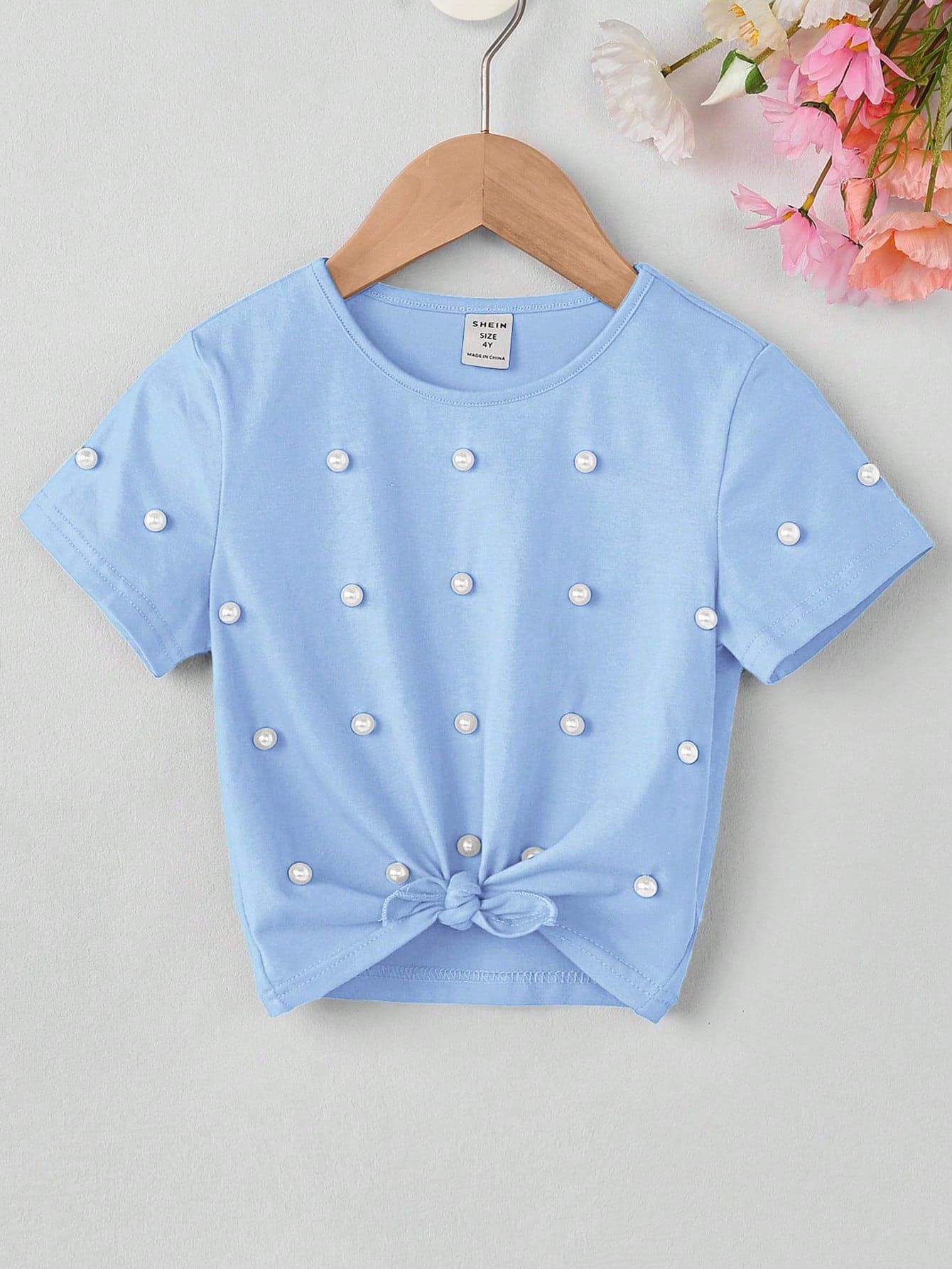 SHEIN Pearl Decor Twist Crew Neck Short Sleeve T-Shirt For Young Girls