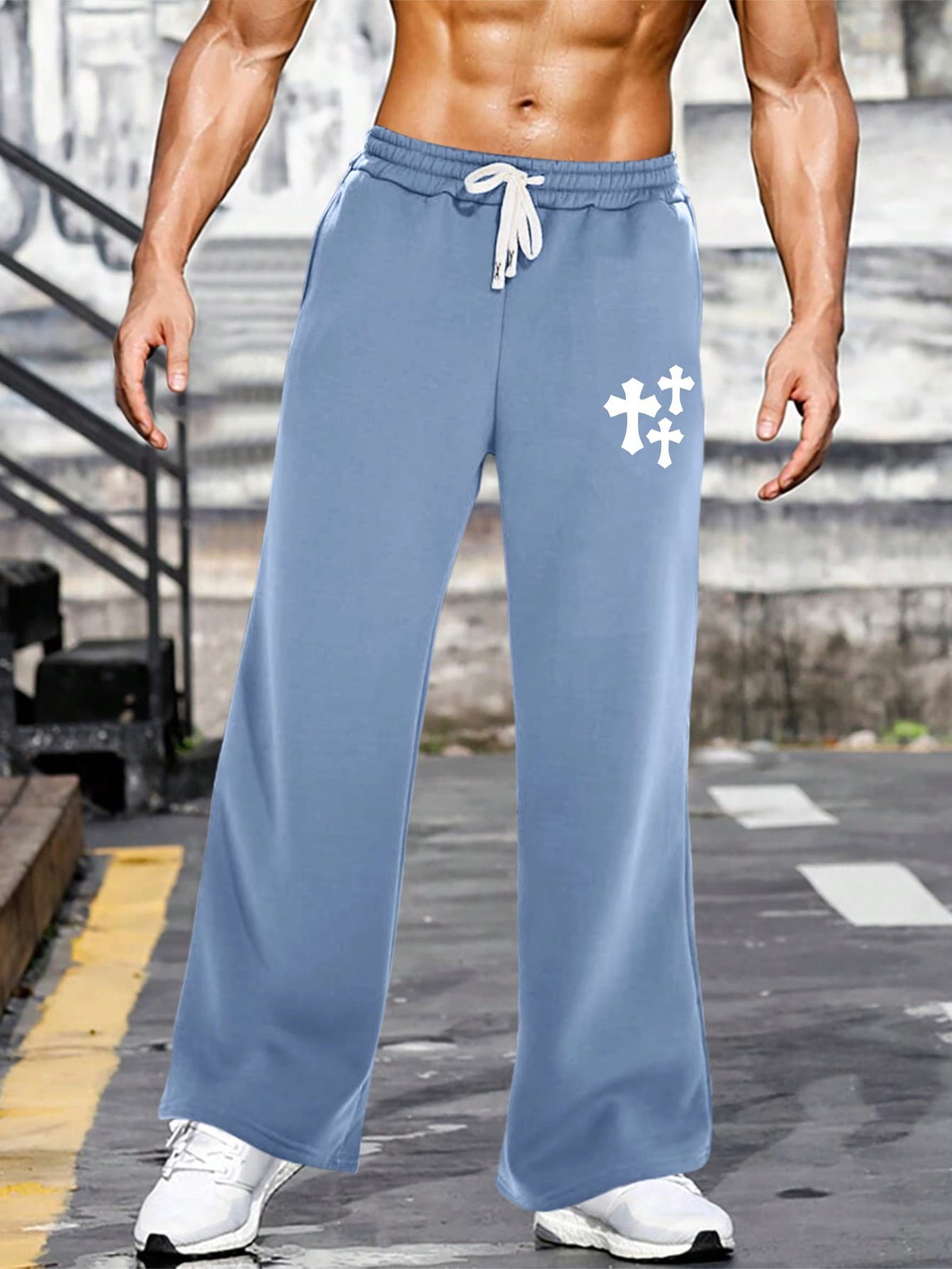 Manfinity Homme Loose Fit Men's Sweatpants With Cross Print And Drawstring Waist