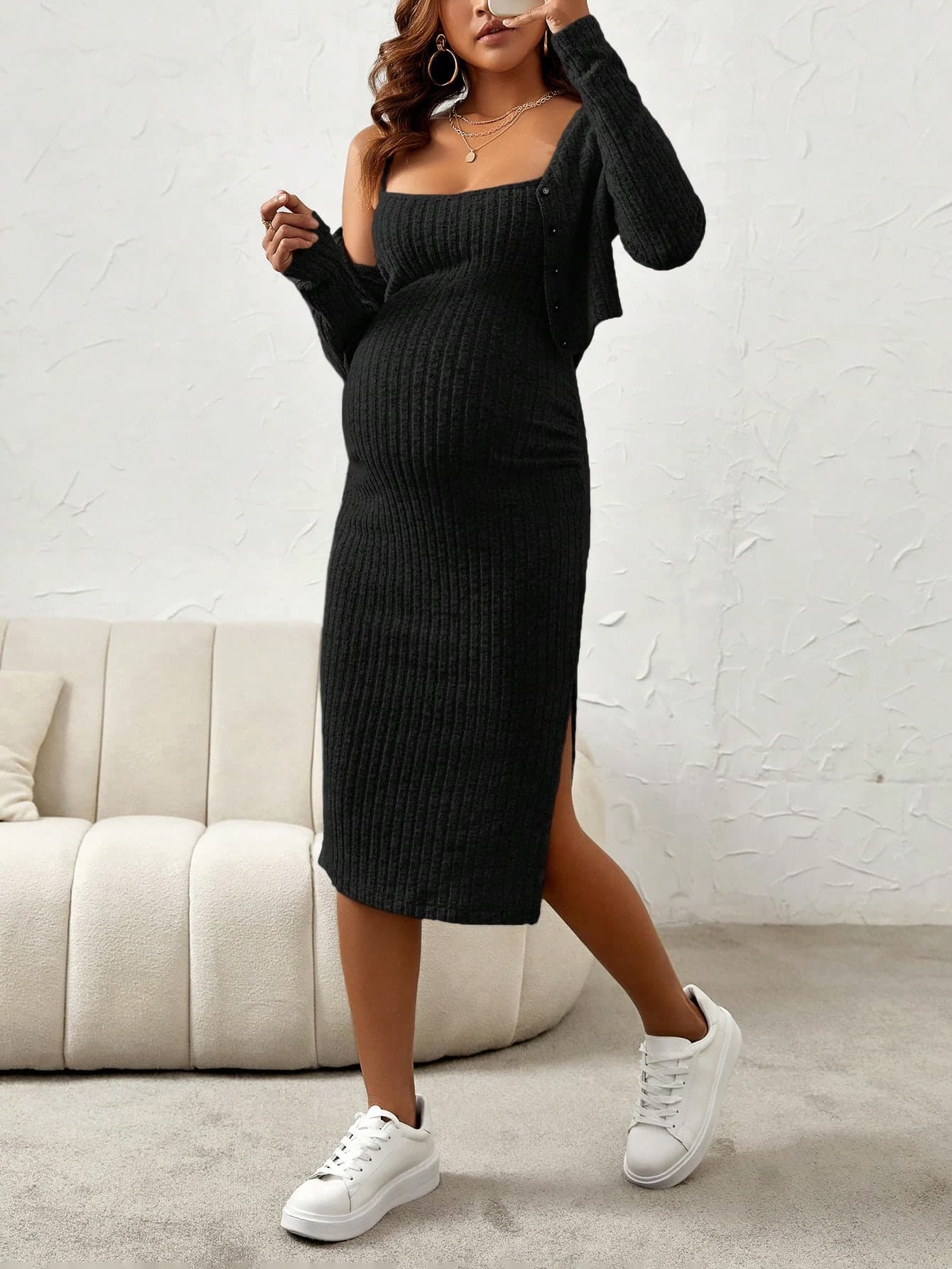 Cheriluna Maternity Maternity Split Thigh Cami Dress With Long Sleeve Coat Fall