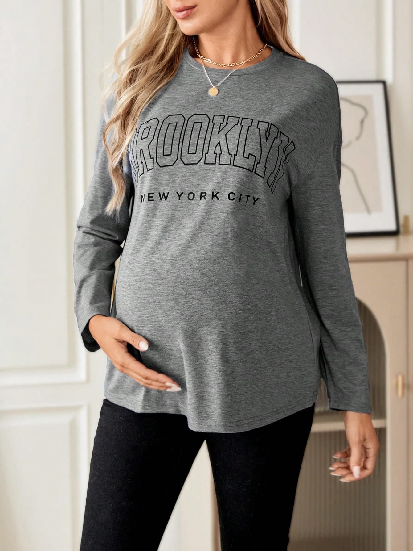 SHEIN Maternity Letter Graphic Drop Shoulder Tee With Long Sleeve World Cup Fall