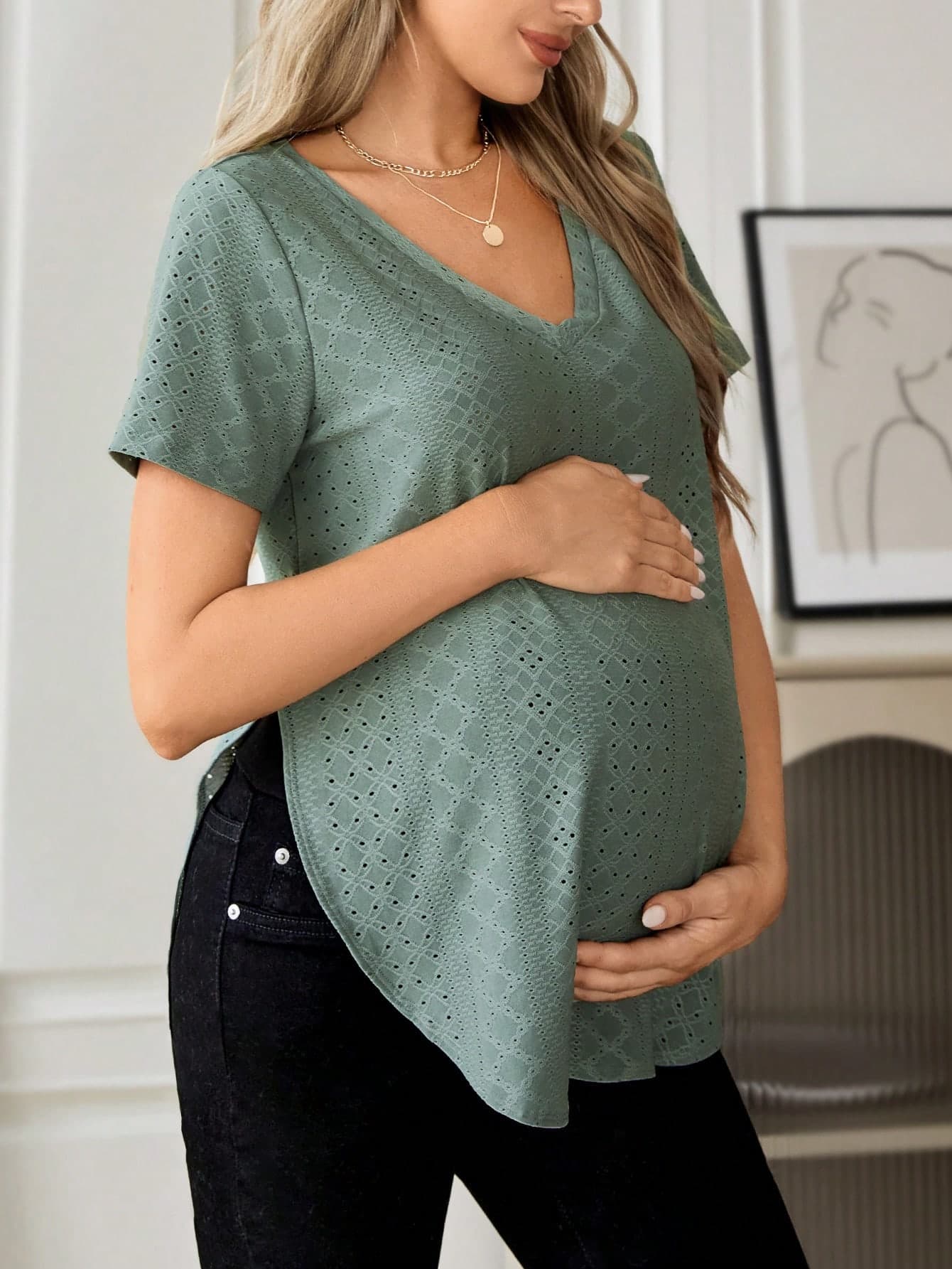 SHEIN Maternity Eyelet Embroidery Curved Hem Tee World Cup