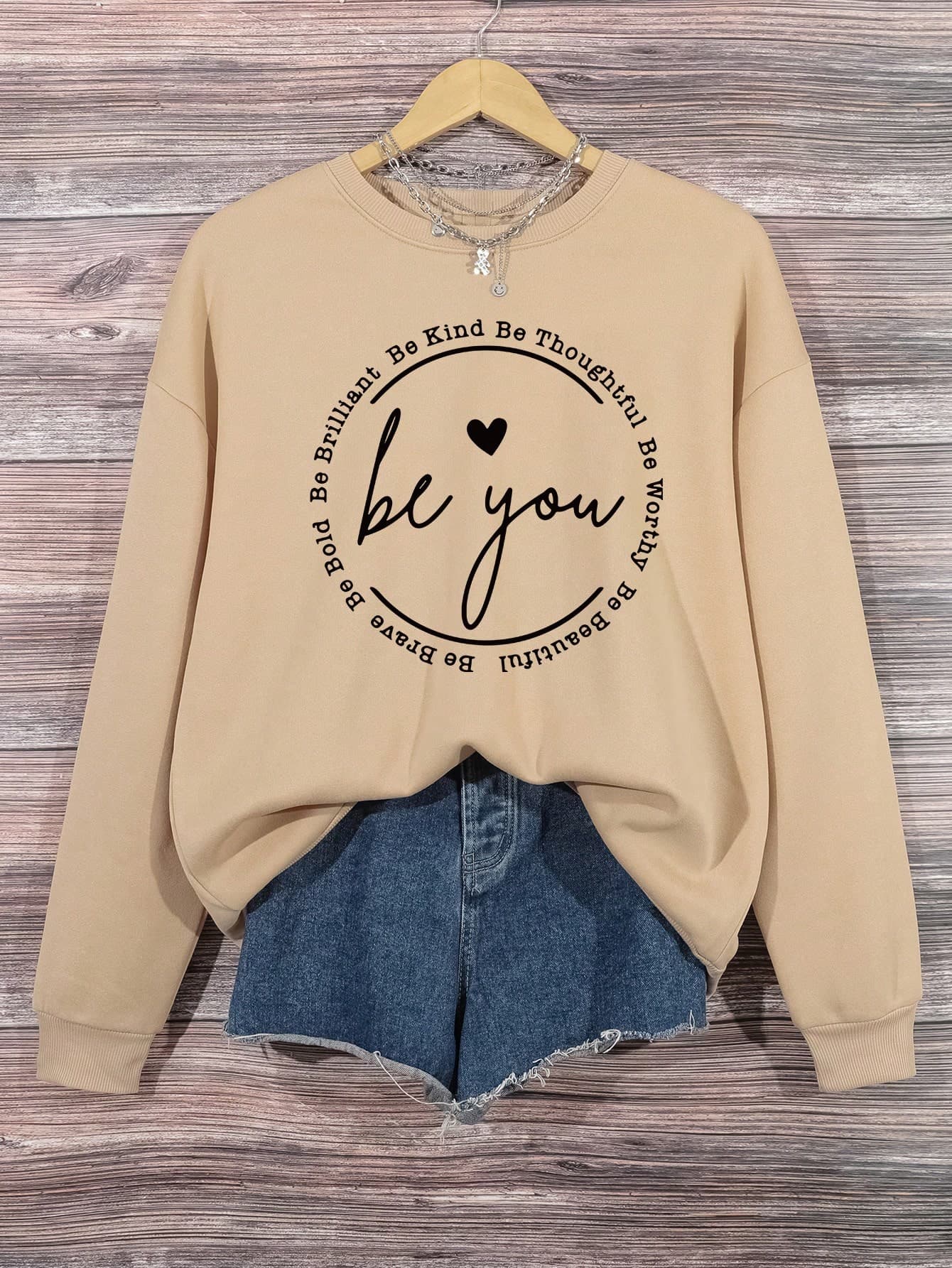 INAWLY Plus Heart & Slogan Graphic Drop Shoulder Sweatshirt,Women's Khaki Autumn Casual Back-To-School Pullover,Fall Winter School Teacher Graduation Tops