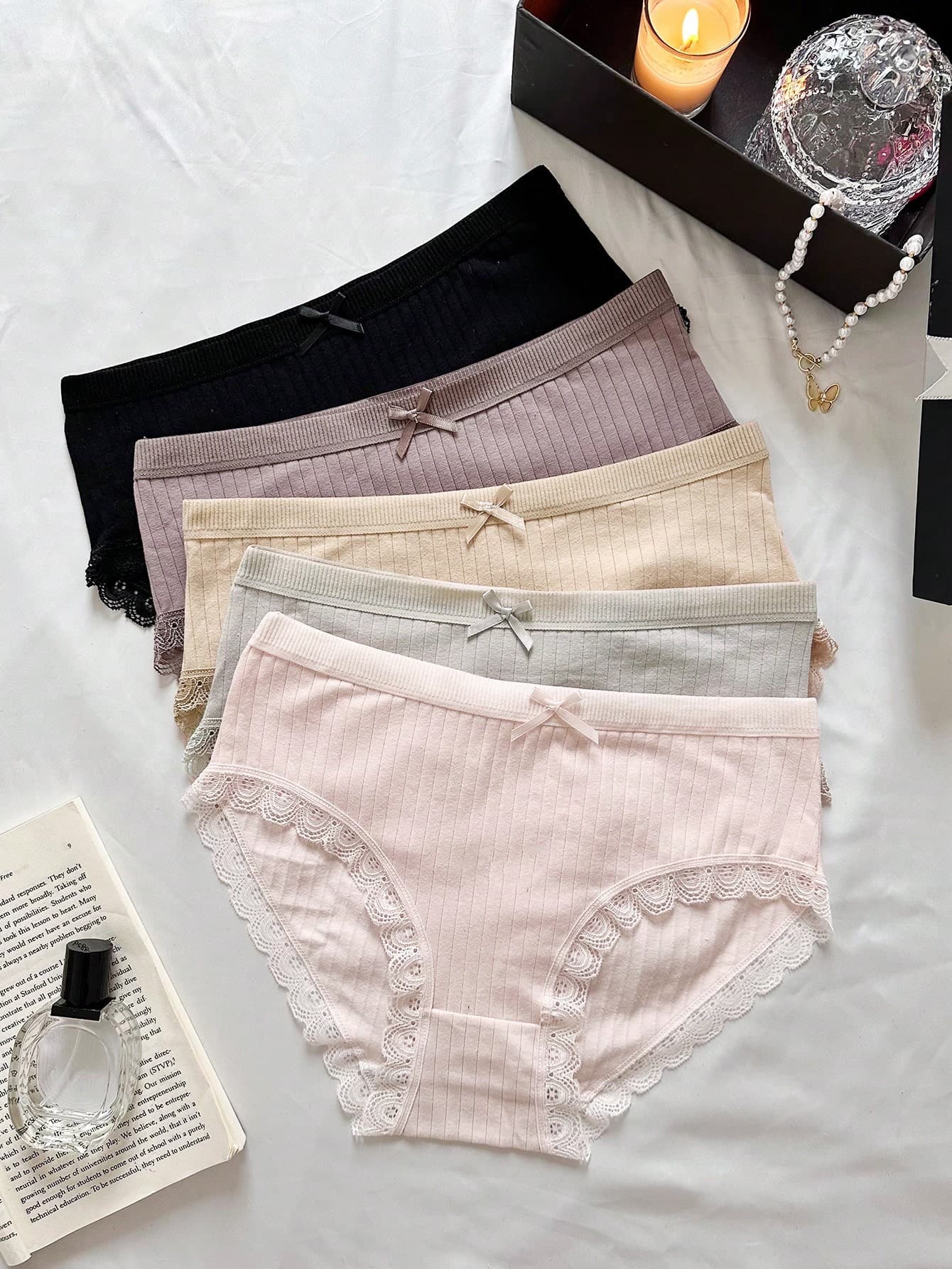 SHEIN 5pack Lace Trim Bow Front Ribbed Knit Brief Bow Tie