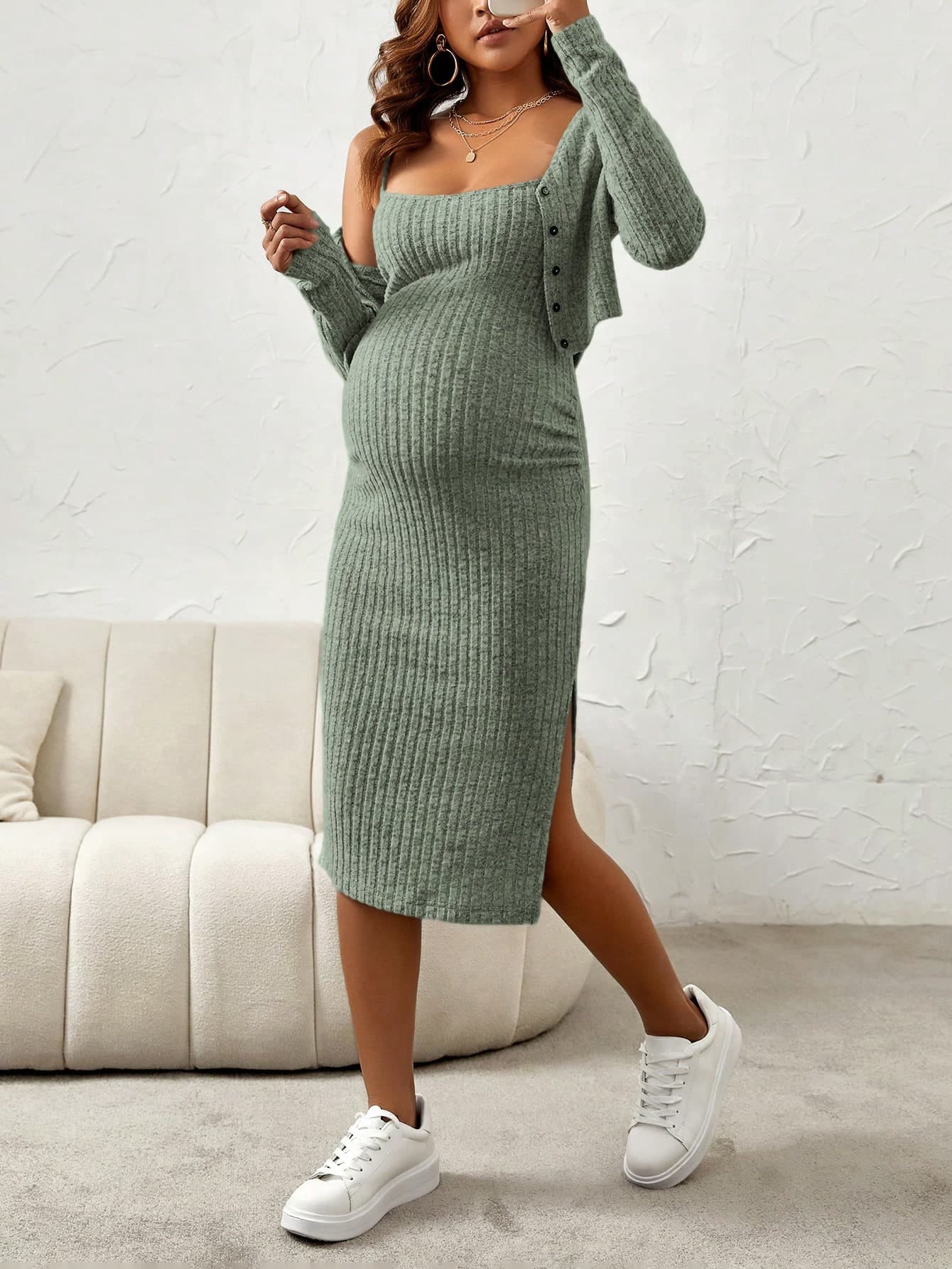 SHEIN Maternity Button Front Cami Dress With Long Sleeve Coat Fall