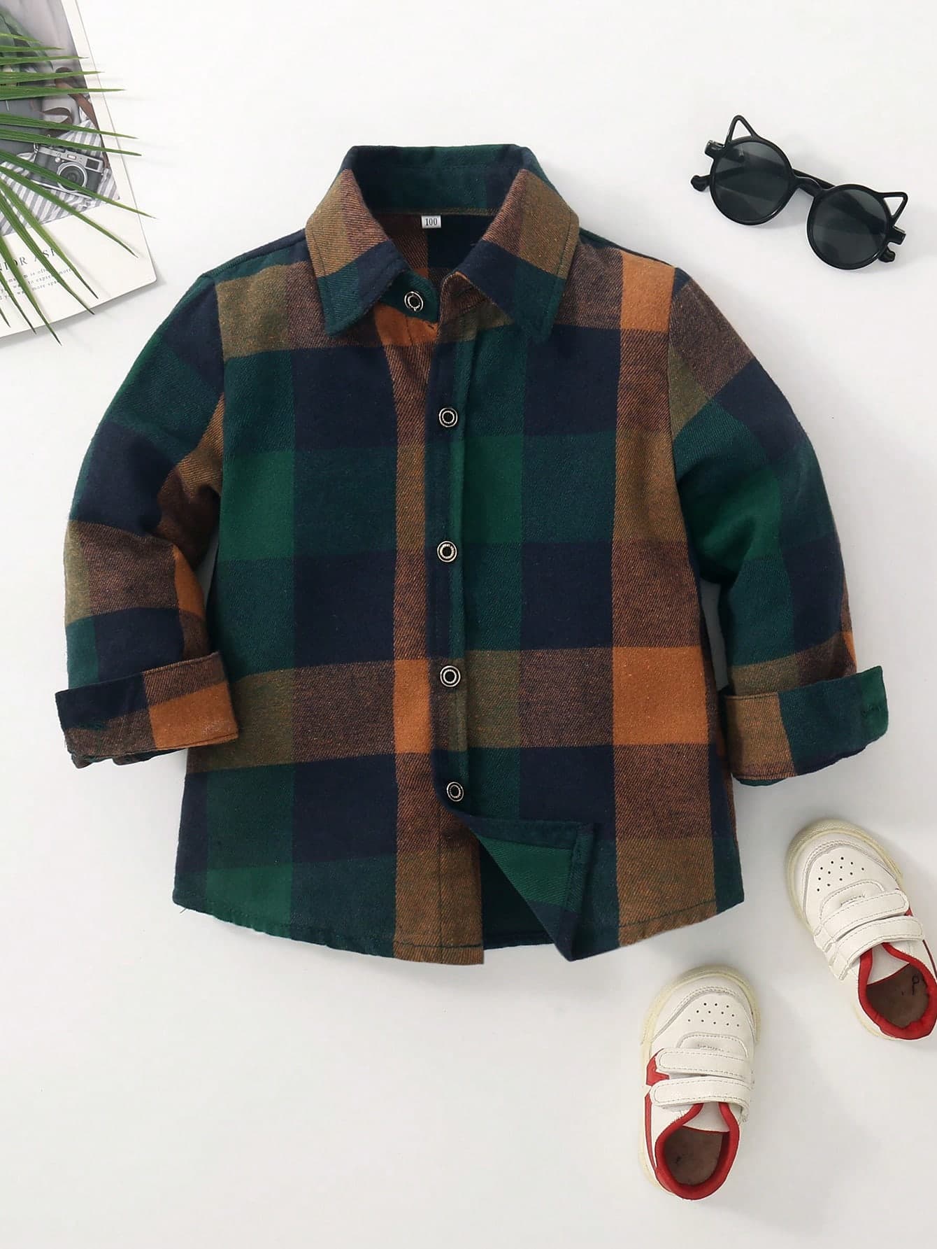 Young Boy Plaid Print Front Button Long Sleeve Shirt