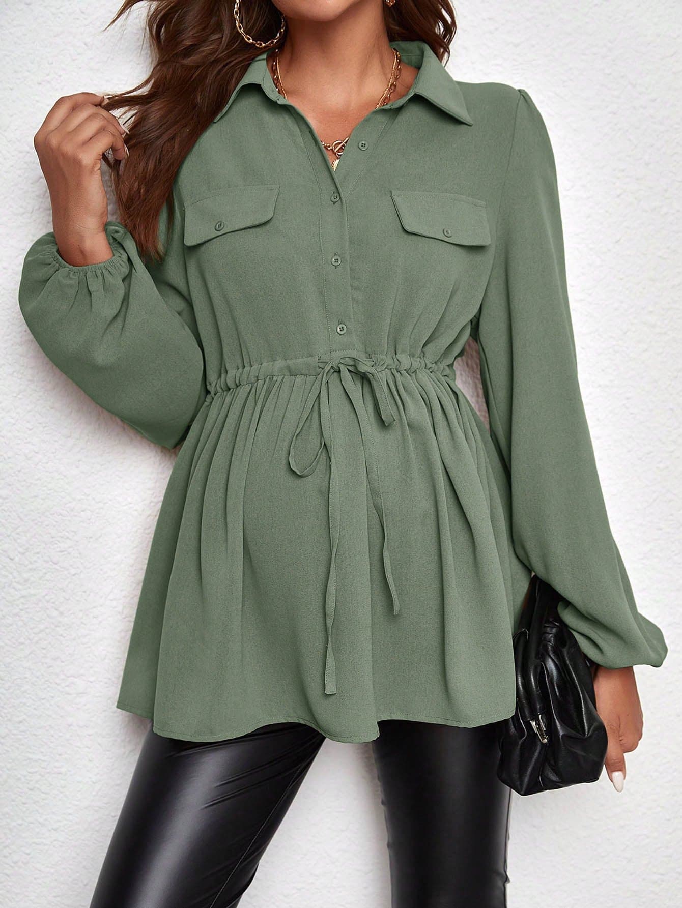 SHEIN Maternity Drawstring Waist Flap Detail Lantern Sleeve Shirt Fall
