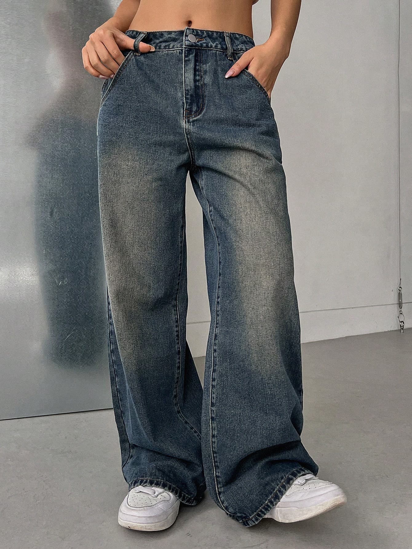 DAZY Slant Pocket Wide Leg Jeans,Baggy Jeans