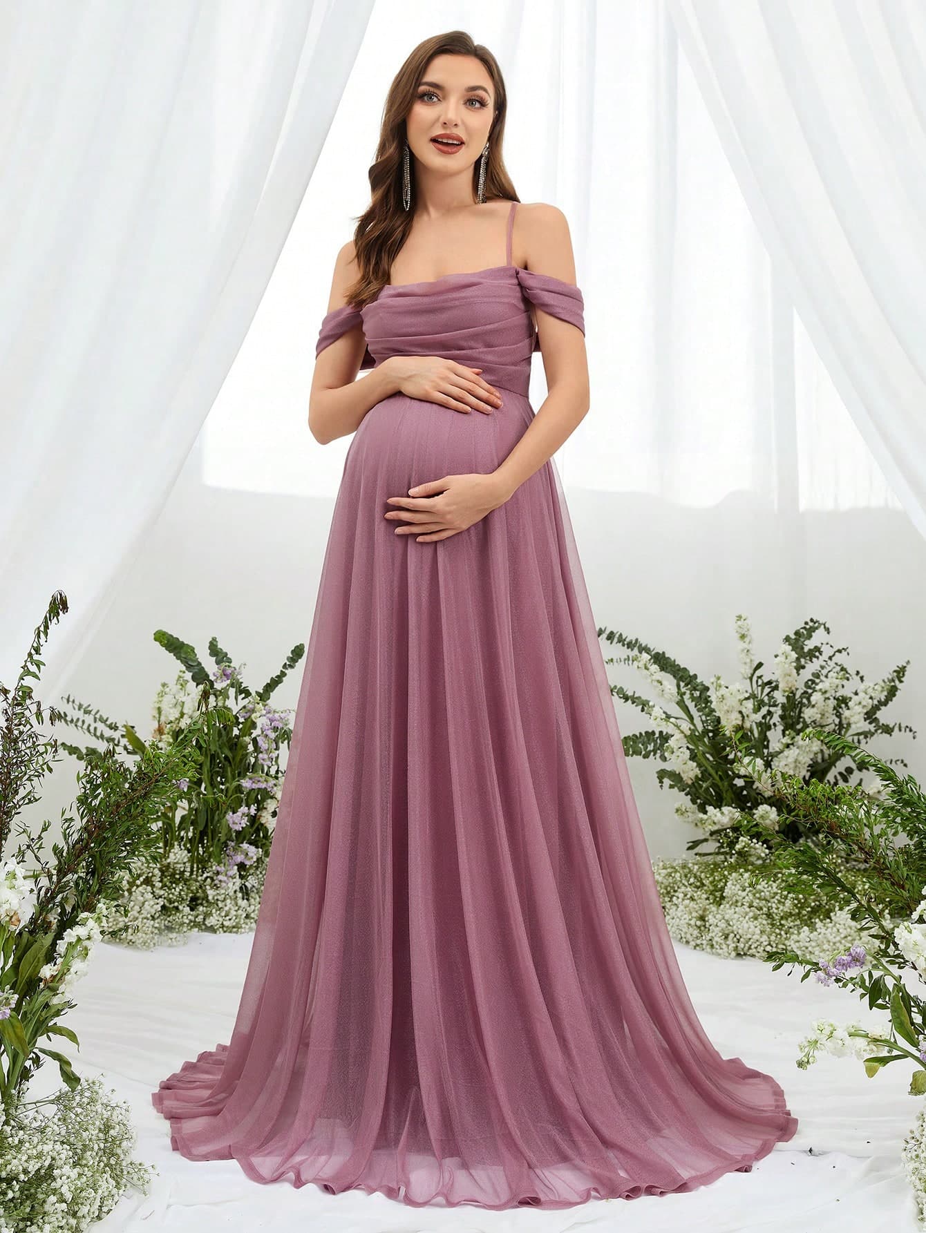 Faeriesty Elegant Knitted Fabric Maternity Gown With Spaghetti Strap And Backless Ruched Details For Photoshoots Long Flared Hem Dress
