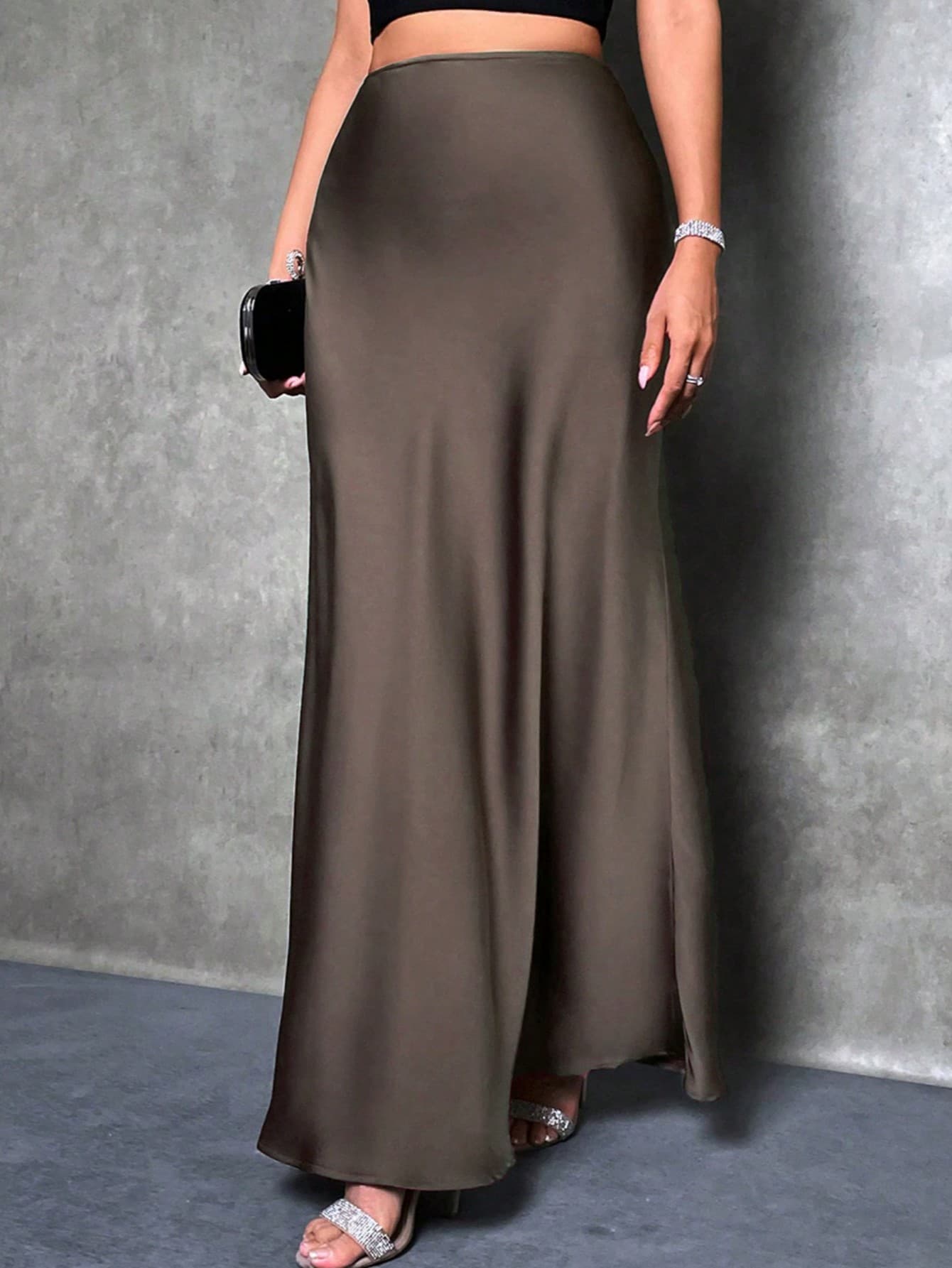 Glamine Women's Elegant Satin Skirt, Versatile Fish Tail Hem Skirt, Daily, Brown Skirt