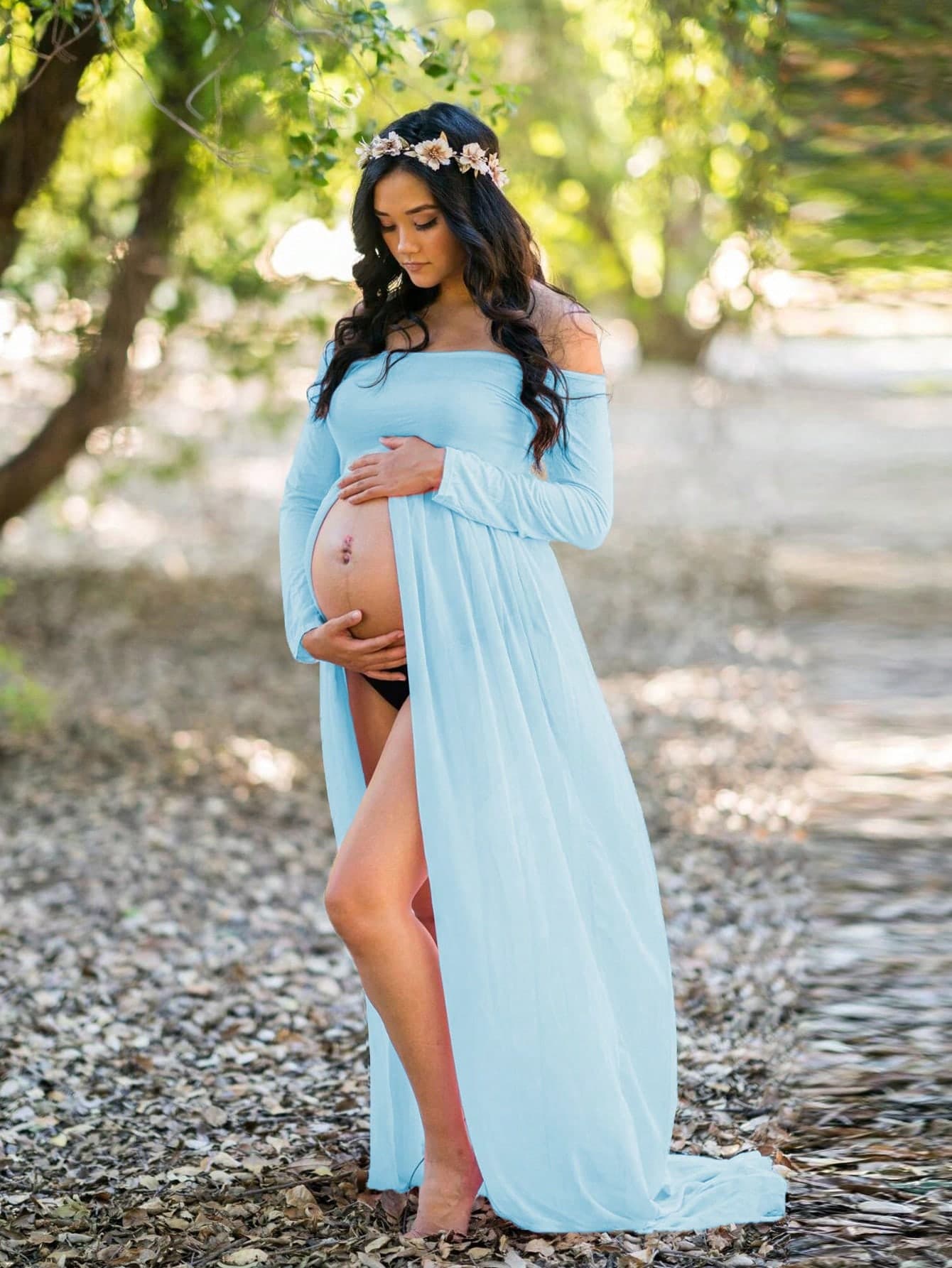 Maternity Maxi Photography Dress With Chiffon Patchwork And Front Slit With Long Sleeve, For Maternity Photoshoot Spring
