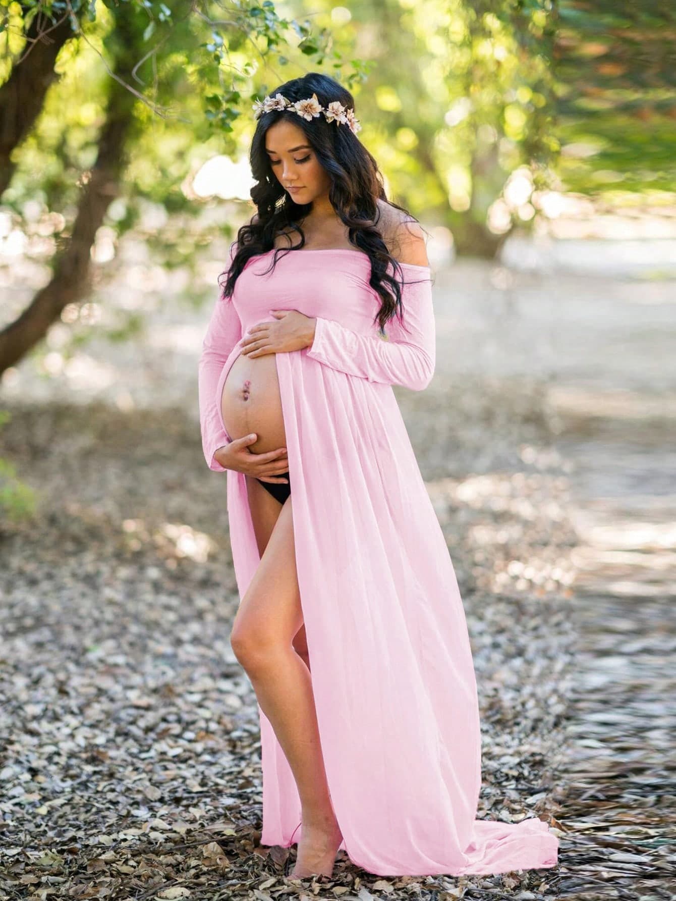 Maternity Off Shoulder Split Thigh Dress With Long Sleeve For Maternity Photoshoot Spring Pink