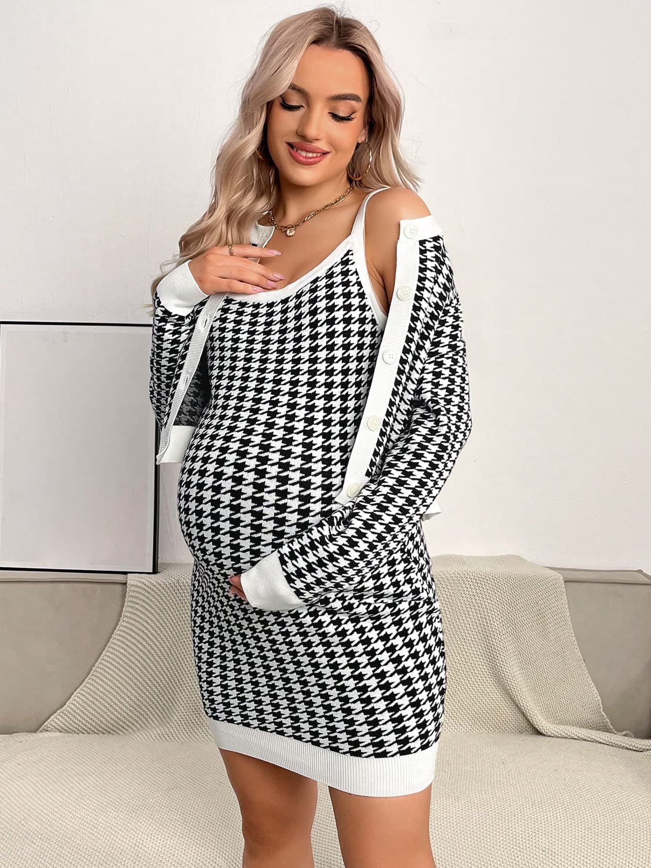 SHEIN Maternity Houndstooth Print Cami Dress With Jacket, For Winter