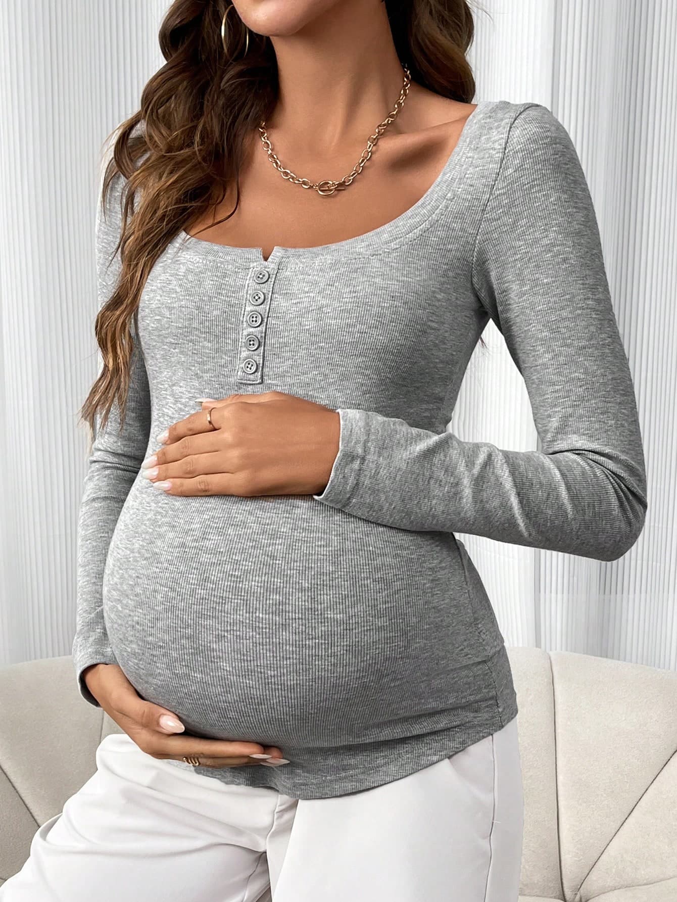 SHEIN Maternity Half Button Placket Round Neck T-Shirt With Long Sleeve Fall