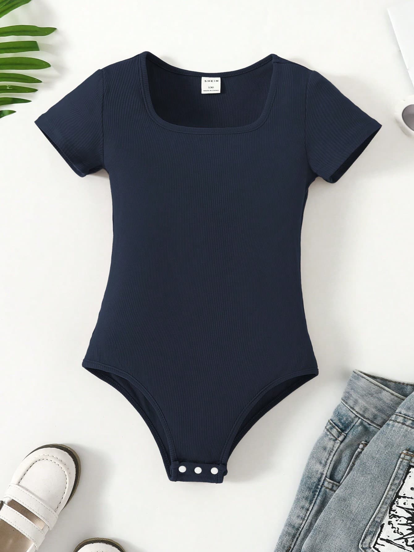 SHEIN Tween Girls' Knitted Solid-Colored Short Sleeve Bodysuit, Versatile Street Style Summer Outfit, Navy Blue Summer Holiday