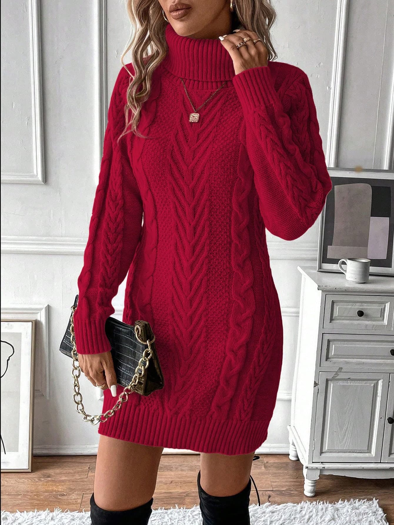 SHEIN Women's High Neck Sweater Long Sleeve Dress Fall Winter Cloth For Women