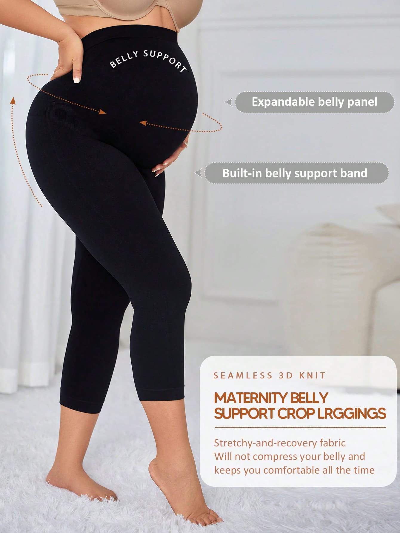 Maternity Abdominal Support 3/4 High Waist Full Length Leggings With Expandable Abdominal Support Panel Casual Black Summer