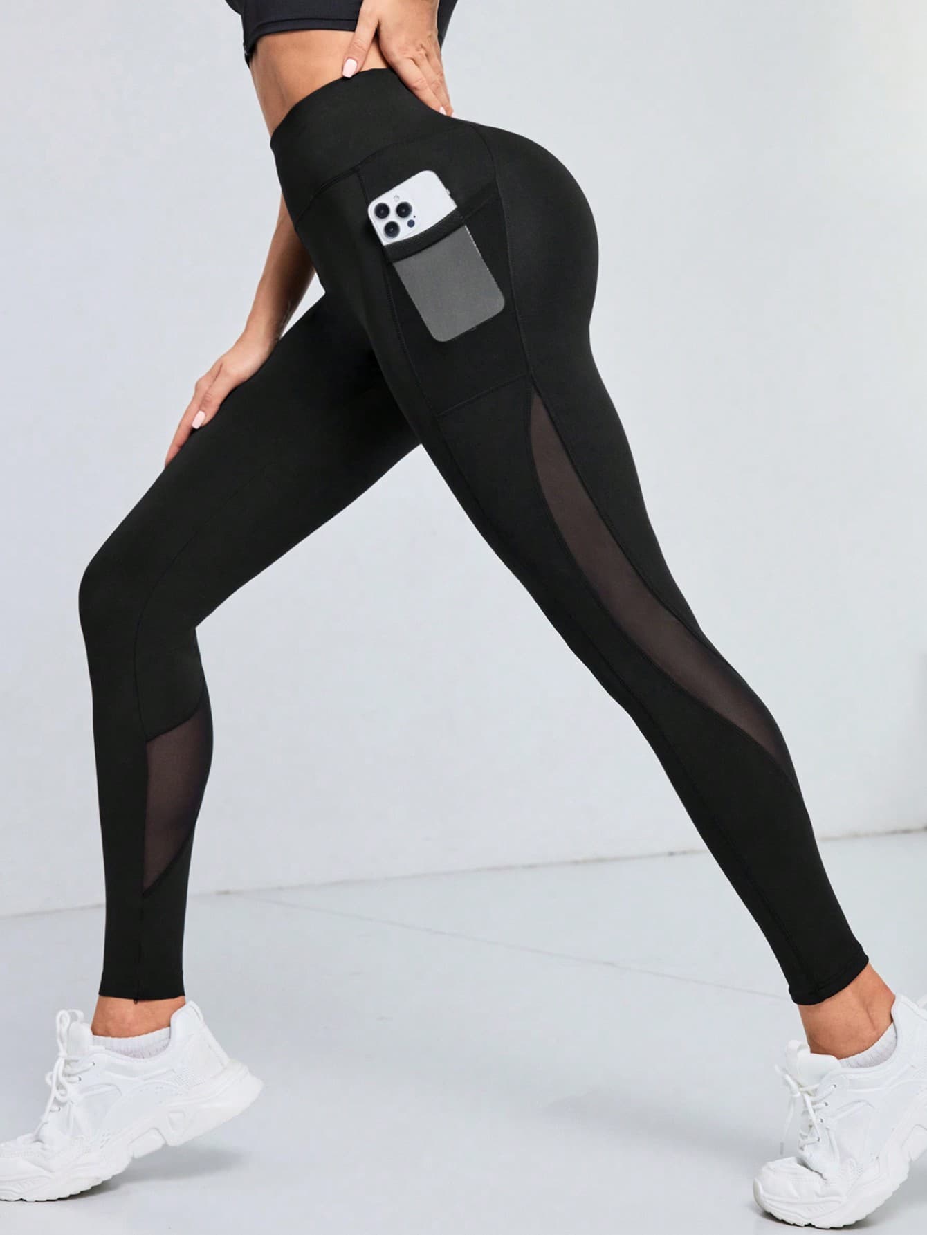 SHEIN Sports Women's Mesh Contrast Leggings With Pocket For Sports Yoga Pants
