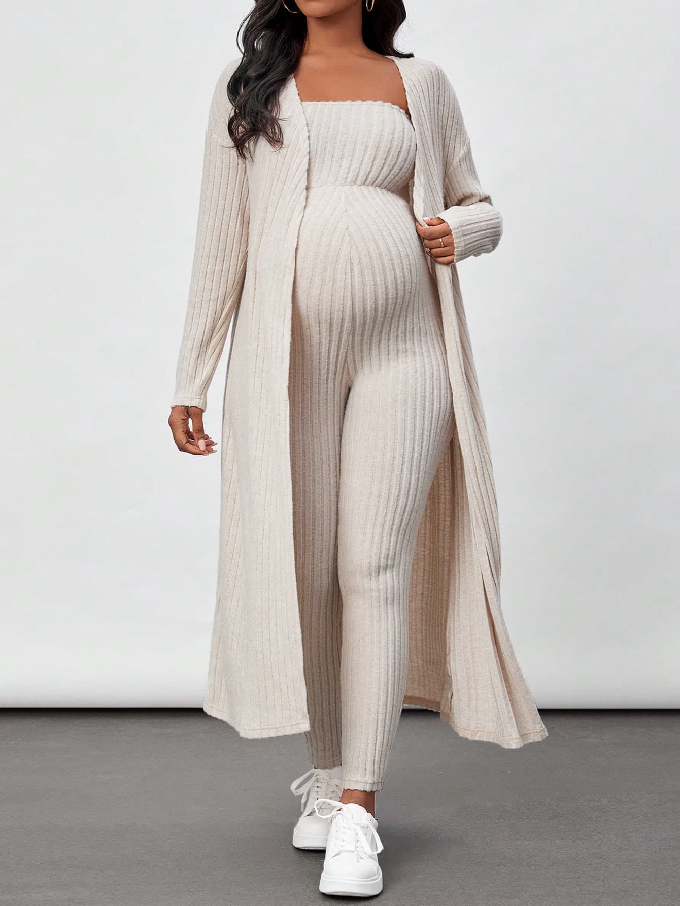 SHEIN Maternity Ribbed Jumpsuit & Cardigan Set With Strapless Design World Cup Fall