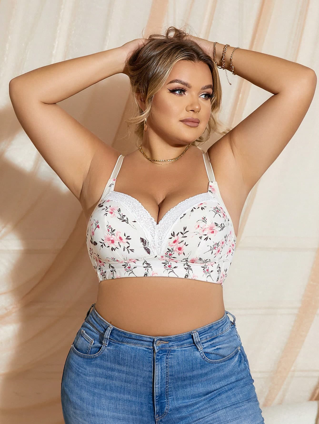 QuietHaus Plus Size Women's Romantic Floral Print Lace Trim Bra Medium Stretch Fabric Multicolor