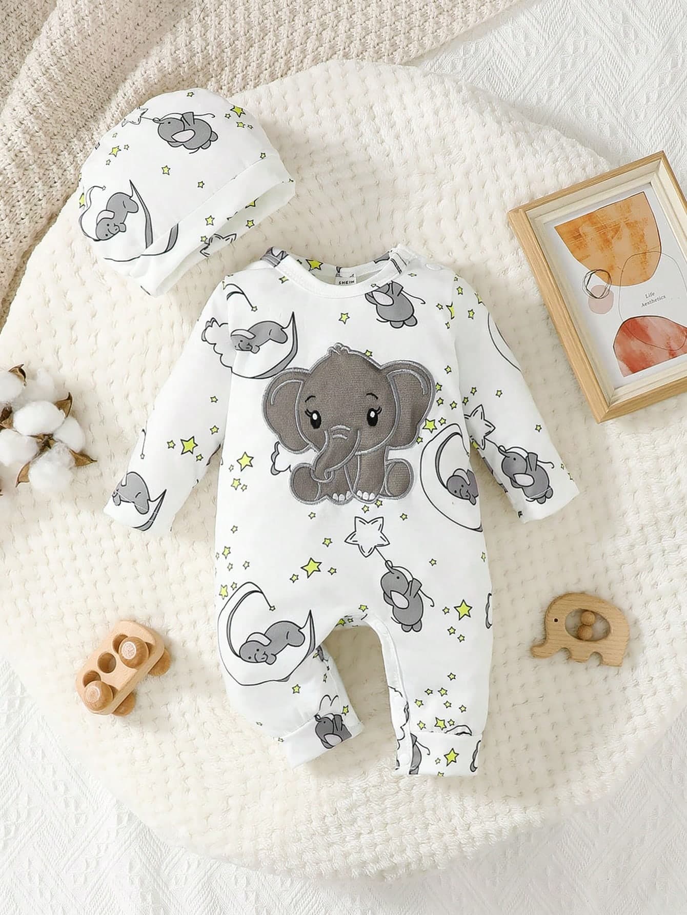 SHEIN 2pcs Baby Boys' Cute Cartoon Elephant Pattern Embroidery Long Sleeve Jumpsuit With Hat