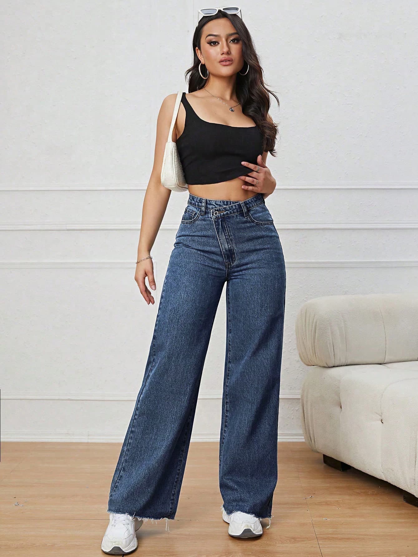 SHEIN ICON Women's High Waisted Cross Over Denim Long Pants