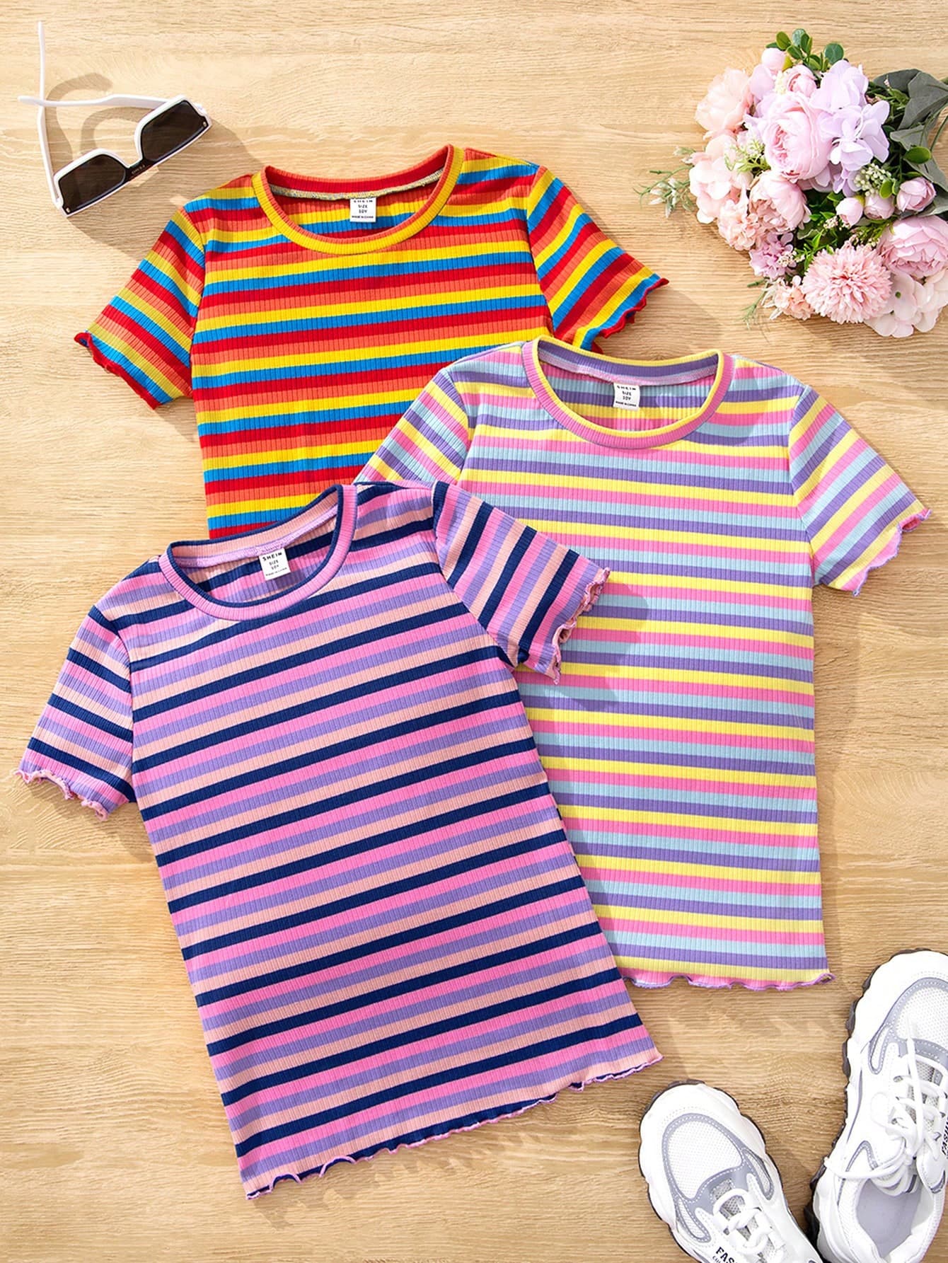 3pcs/Set Tween Girls' Daily Sweet And Cool Knitted Short Sleeve T-Shirt, School, Campus, College