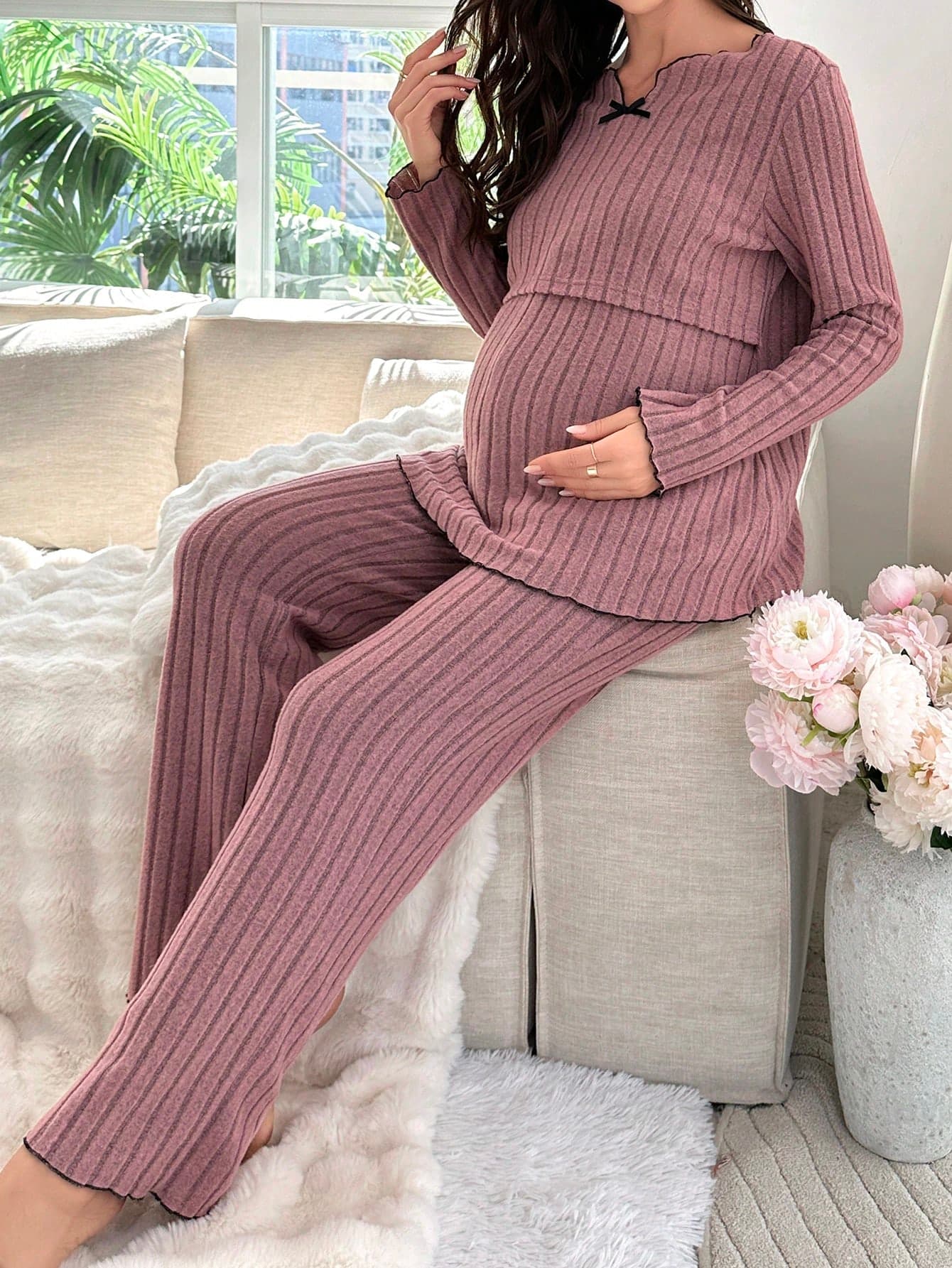 Moonlight&Mama Maternity Solid Color Ribbed Casual Homewear For Mother , Cozy And Elegant Details, Clothes Outfit, Fall & Winter