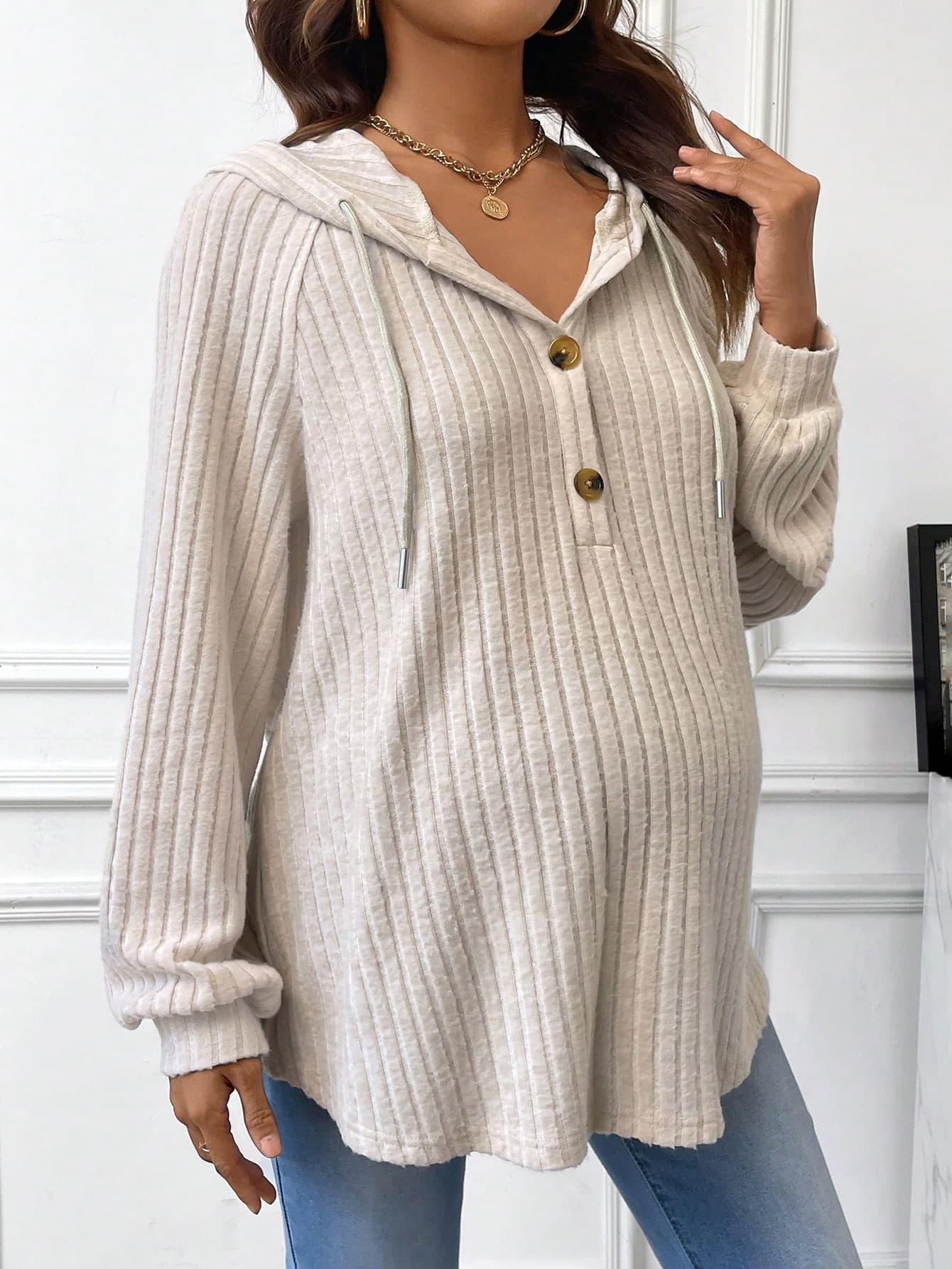 SHEIN Maternity Buttoned Half Placket Drawstring Sweatshirt With Ribbed Details And Raglan Sleeves, For Winter World Cup