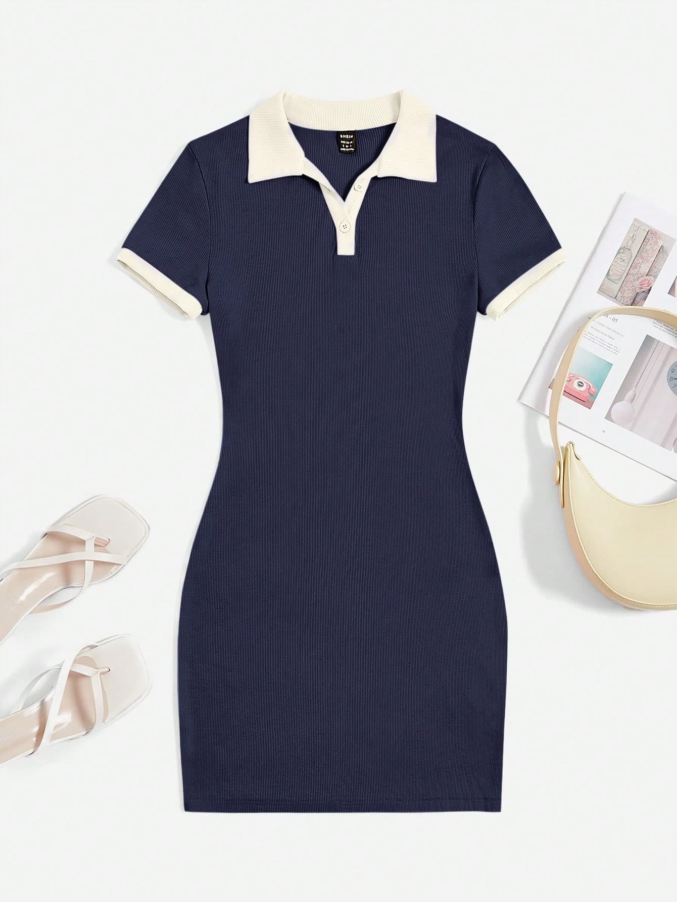 SHEIN EZwear Contrast Collar Ribbed Knit Bodycon Dress