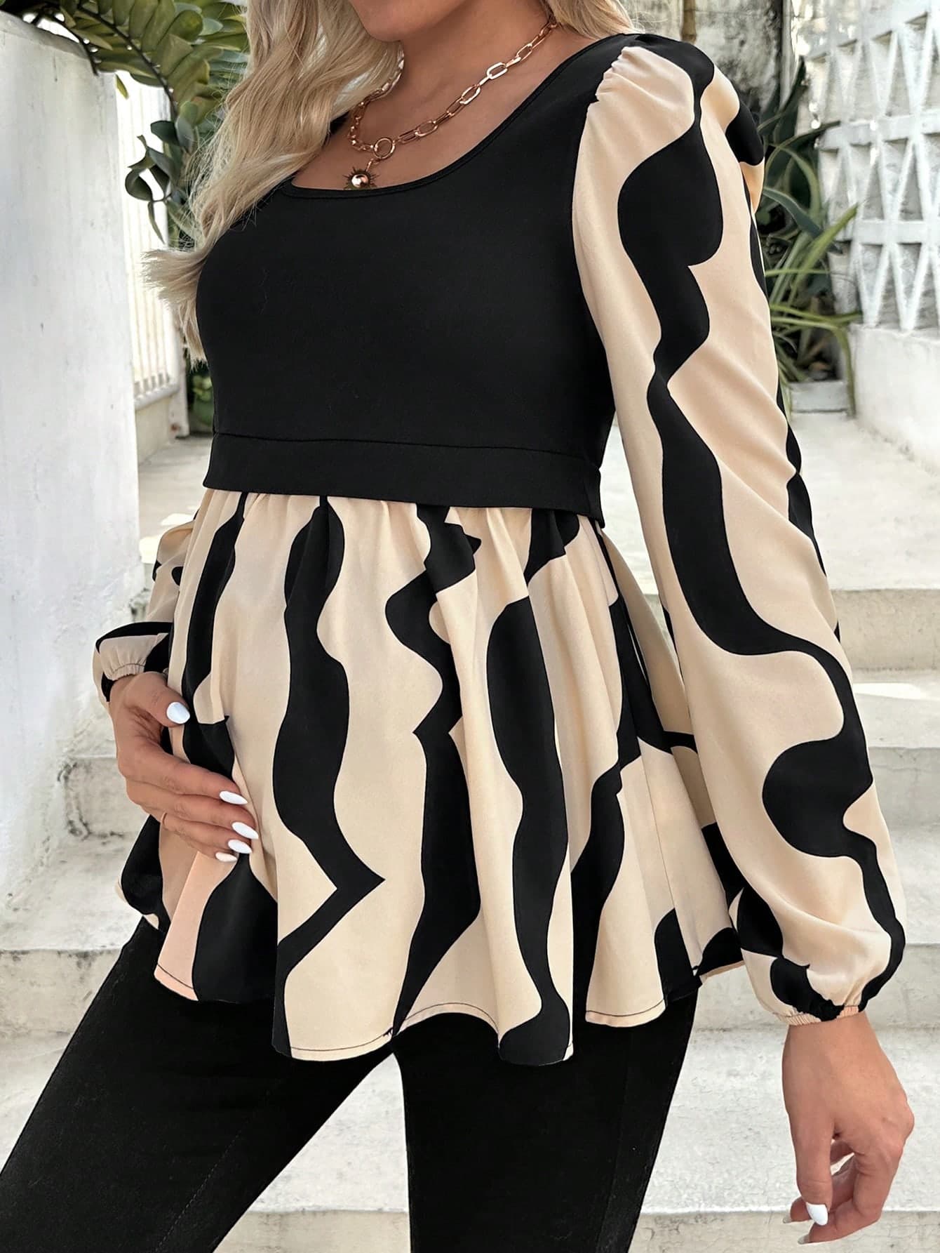 SHEIN Maternity Print Patchwork Lantern Sleeve Shirt Fall