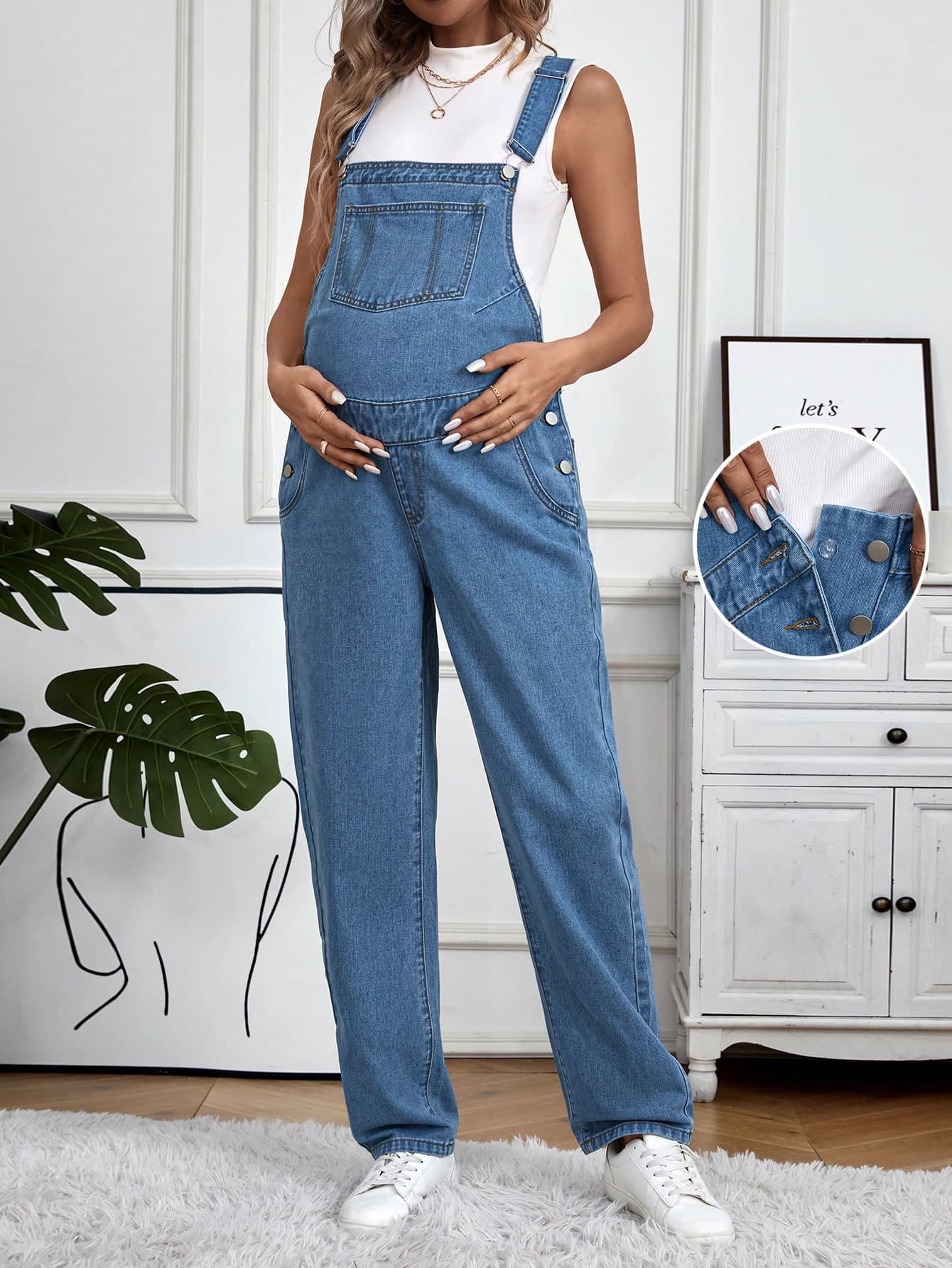 GentleRue Maternity Maternity Button Side Solid Color Denim Overalls Jumpsuit
