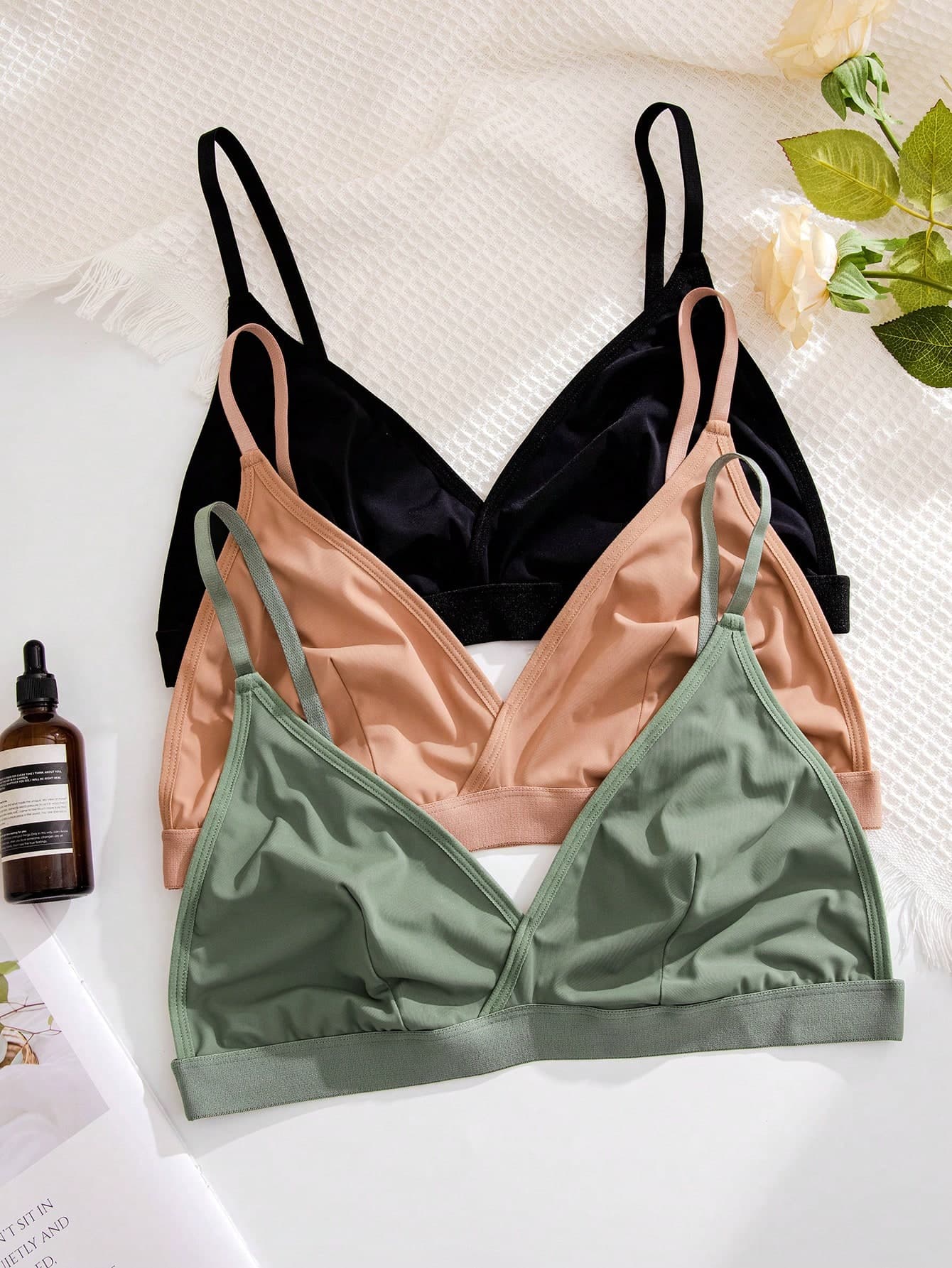 Plus Size Women's Solid Color Underwear Bra Set, 3pcs