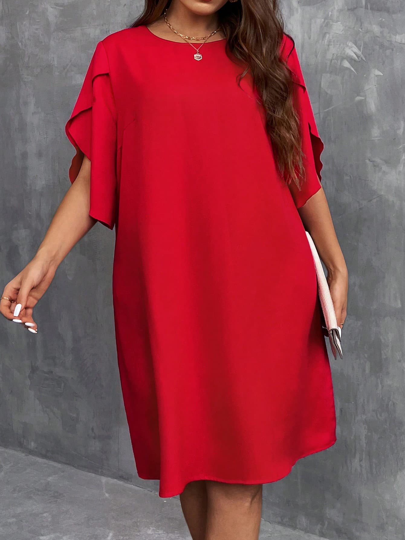 SHEIN LUNE Plus Size Casual Overlapping Sleeve Round Neck A-Line Dress, Summer