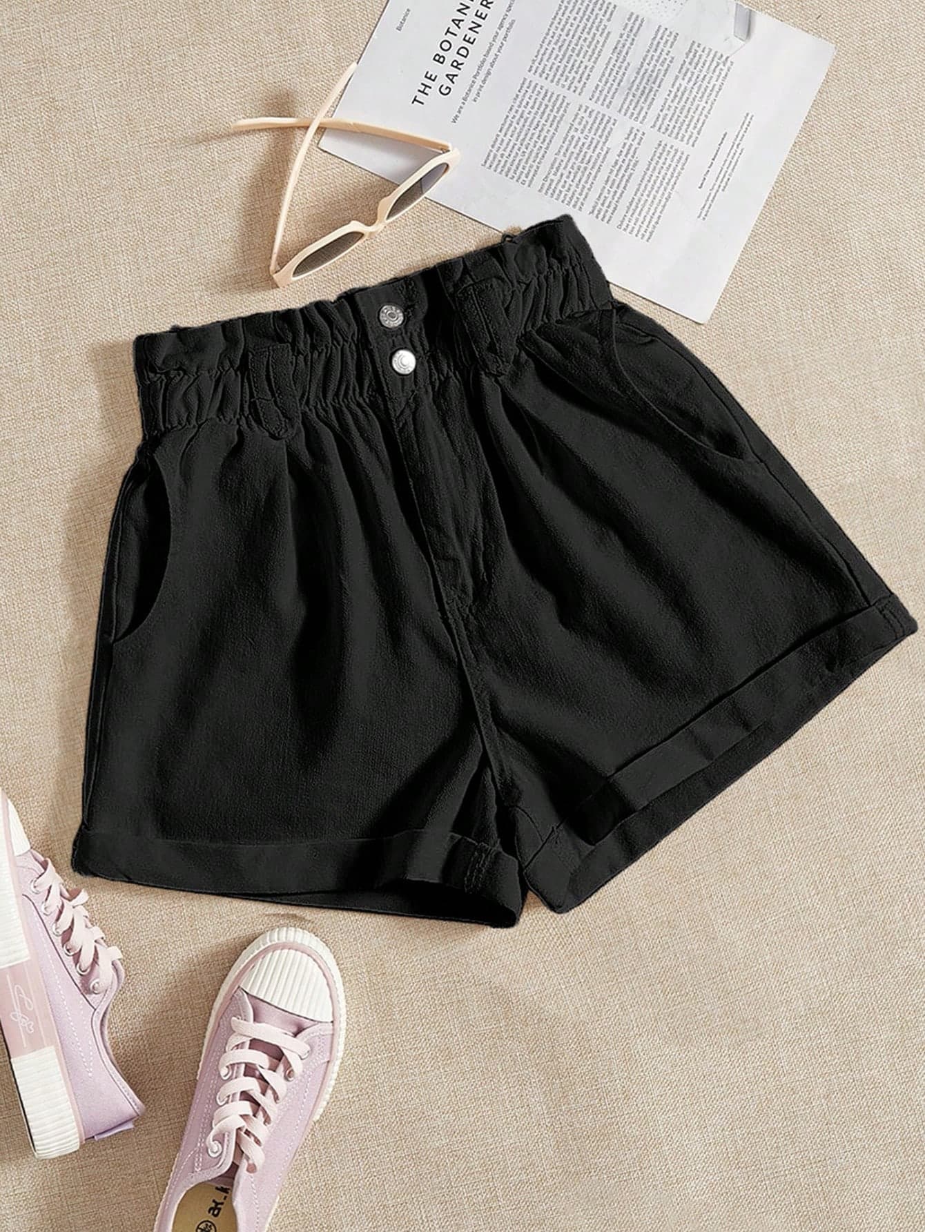 SHEIN Essnce Solid Color Denim Shorts With Slanted Pockets