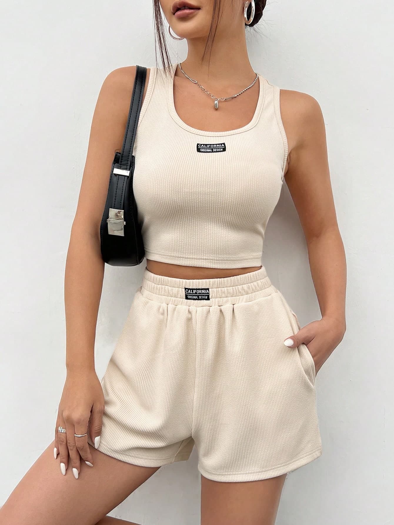 SHEIN EZwear Ladies' Patch Detail Knitted Vest And Shorts Set