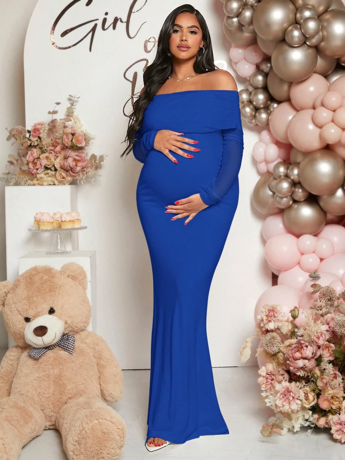 Loomaby Pregnant Women Off-Shoulder Fishtail Baby Shower Long Sleeve Dress For Maternity Fall