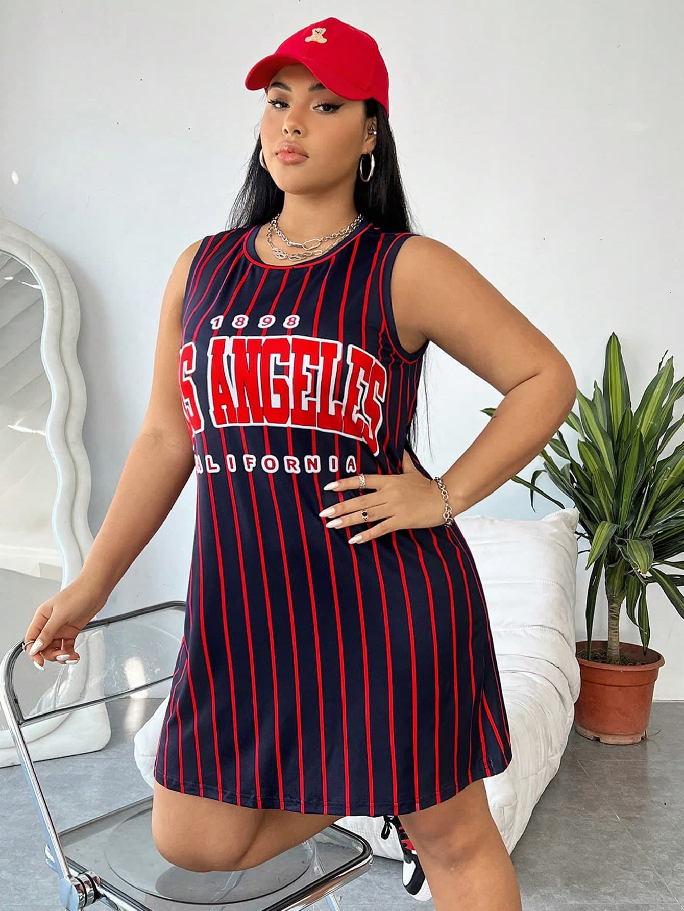 SHEIN EZwear Plus Striped & Letter Graphic Tank Dress, Summer