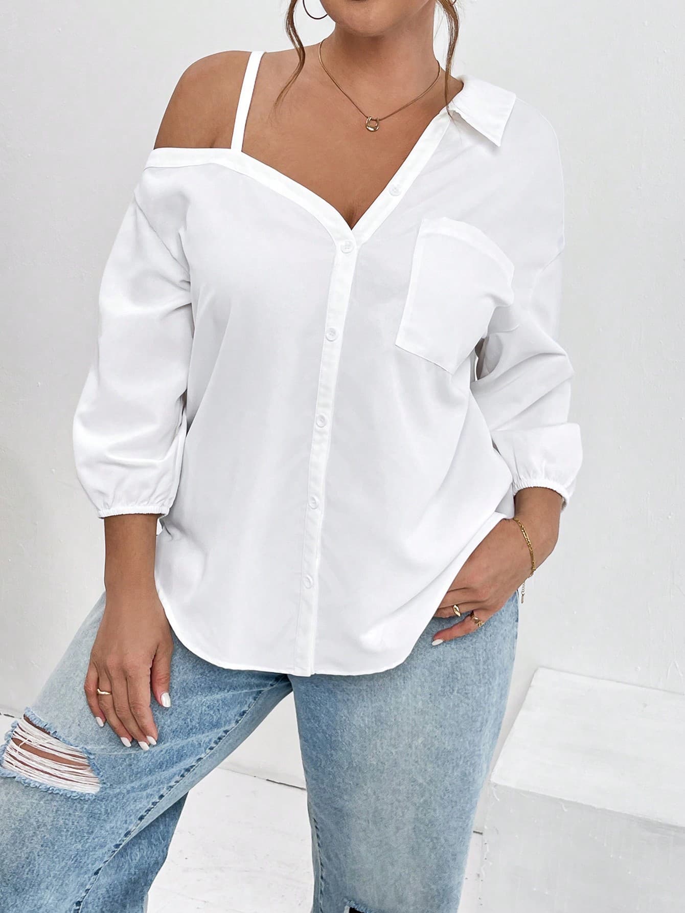 SHEIN Essnce Plus Size Women's Clothing Spring And Summer New Fashion Street Shooting Casual Asymmetrical Shoulder Shirt Fall