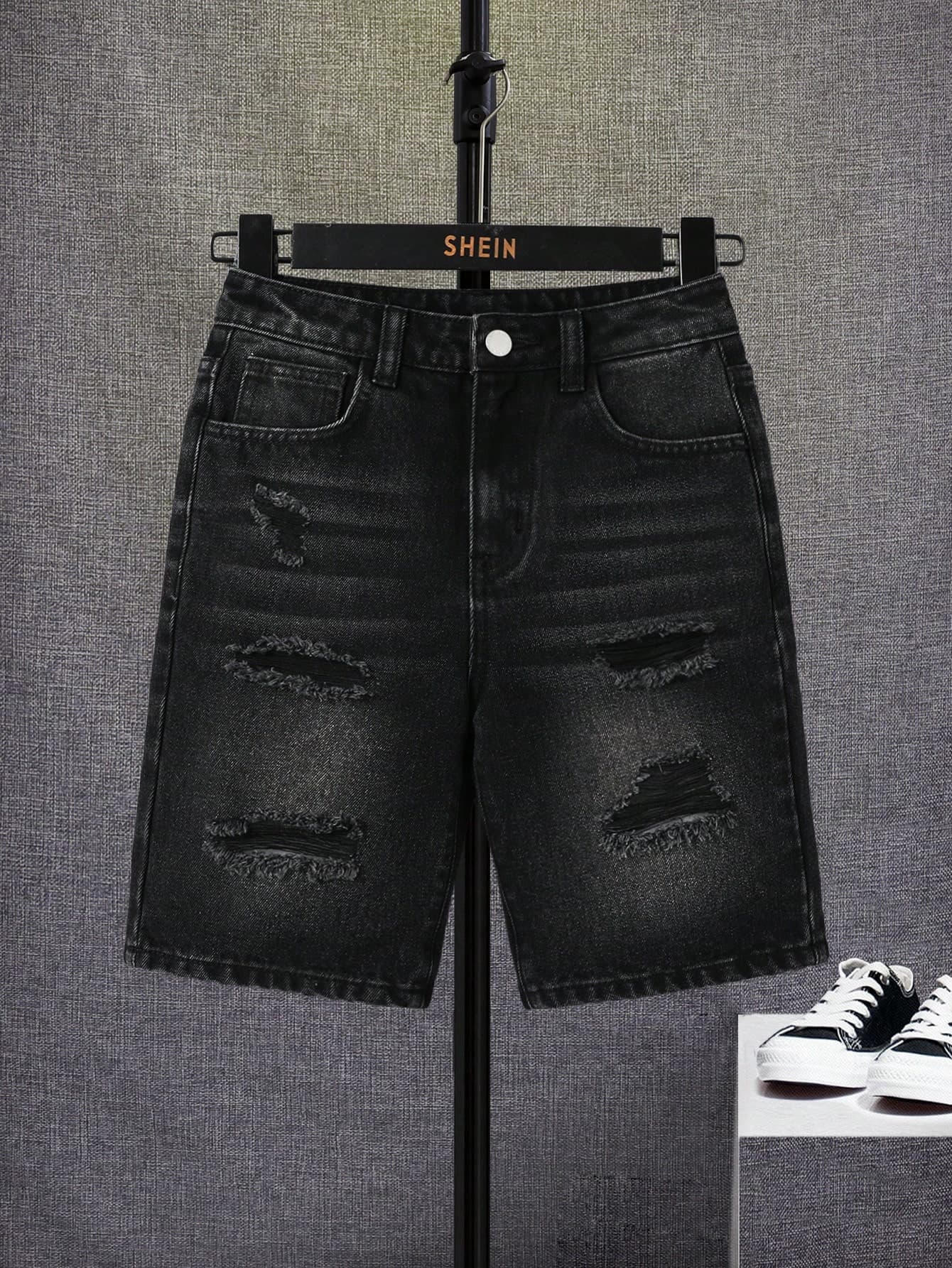 SHEIN Tween Boys' Distressed Denim Shorts With Washed Details