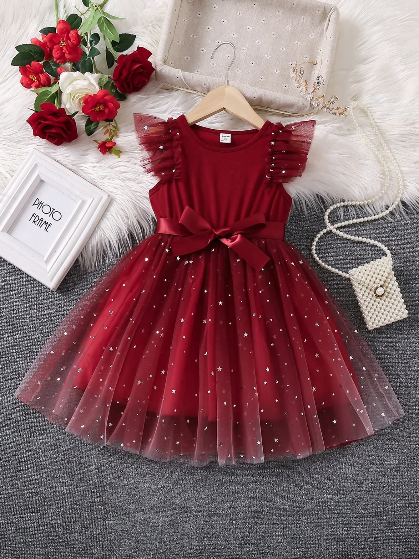SHEIN Glamorique Kids Young Girl's Star Mesh Belted Dress