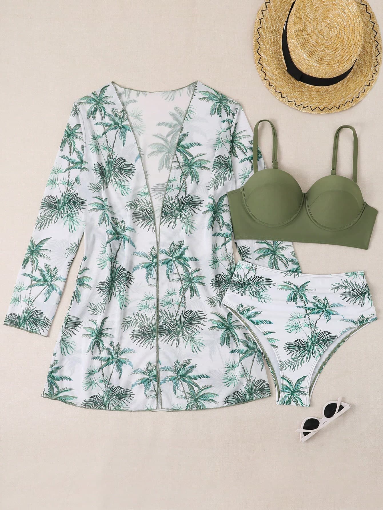 SHEIN 3pcs Solid Color Swimwear Set With Printed Briefs, Cover Up And Bralette,Summer Beach