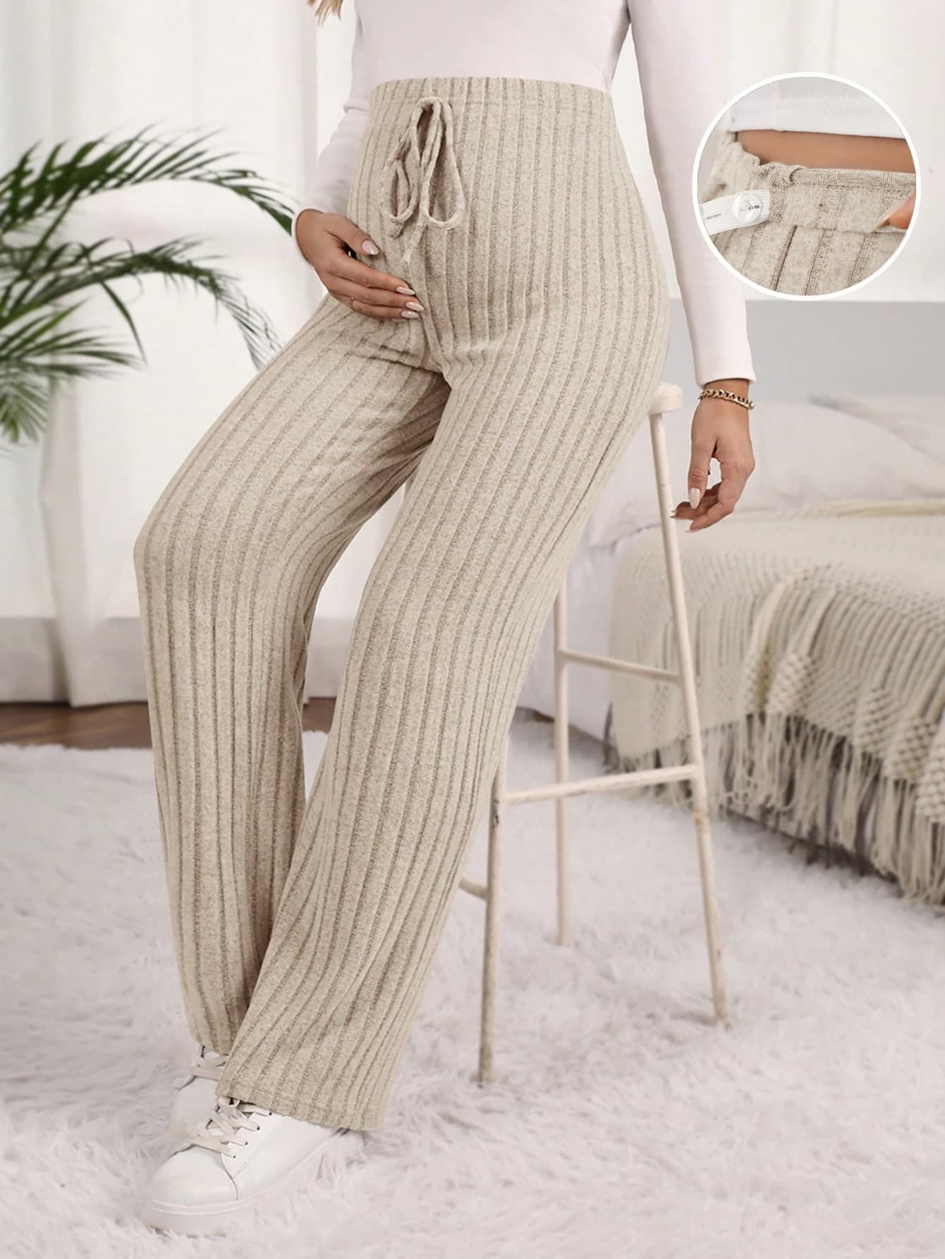 SHEIN Women's Maternity Solid Color Ribbed Adjustable Waistband Under-Belly Drawstring Pants Fall