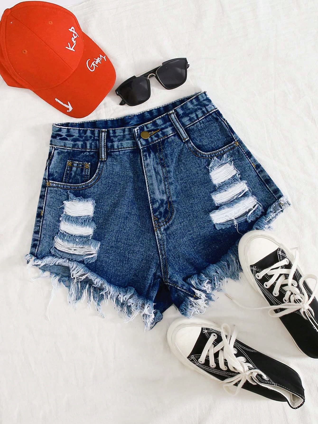 SHEIN Essnce Raw Hem Ripped Denim Shorts