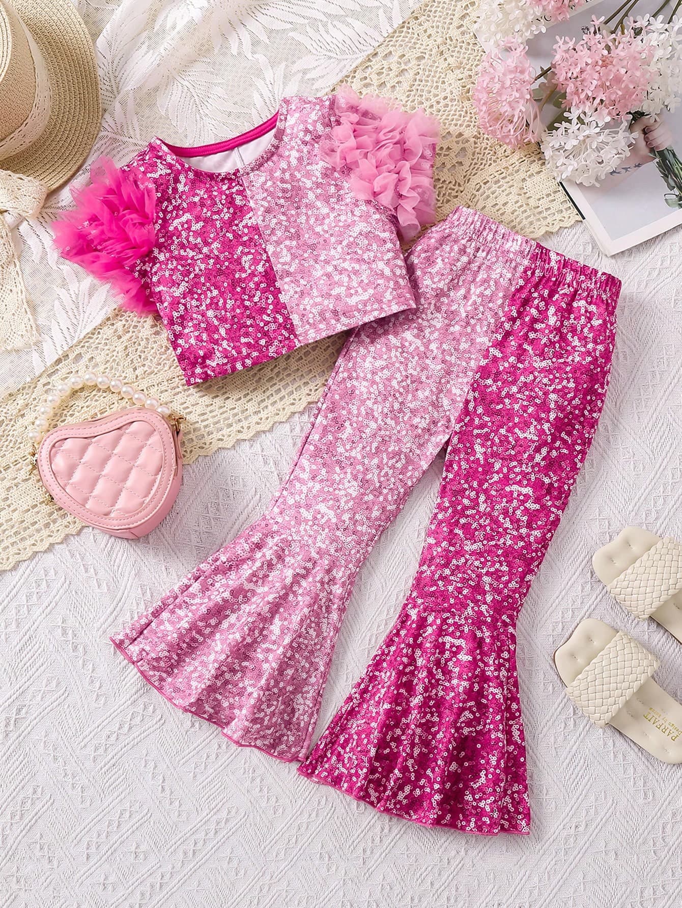 SHEIN Young Girls' Faux Pearl & Mesh Fashionable Sweet & Cool 2pcs/Set Outfit For Summer