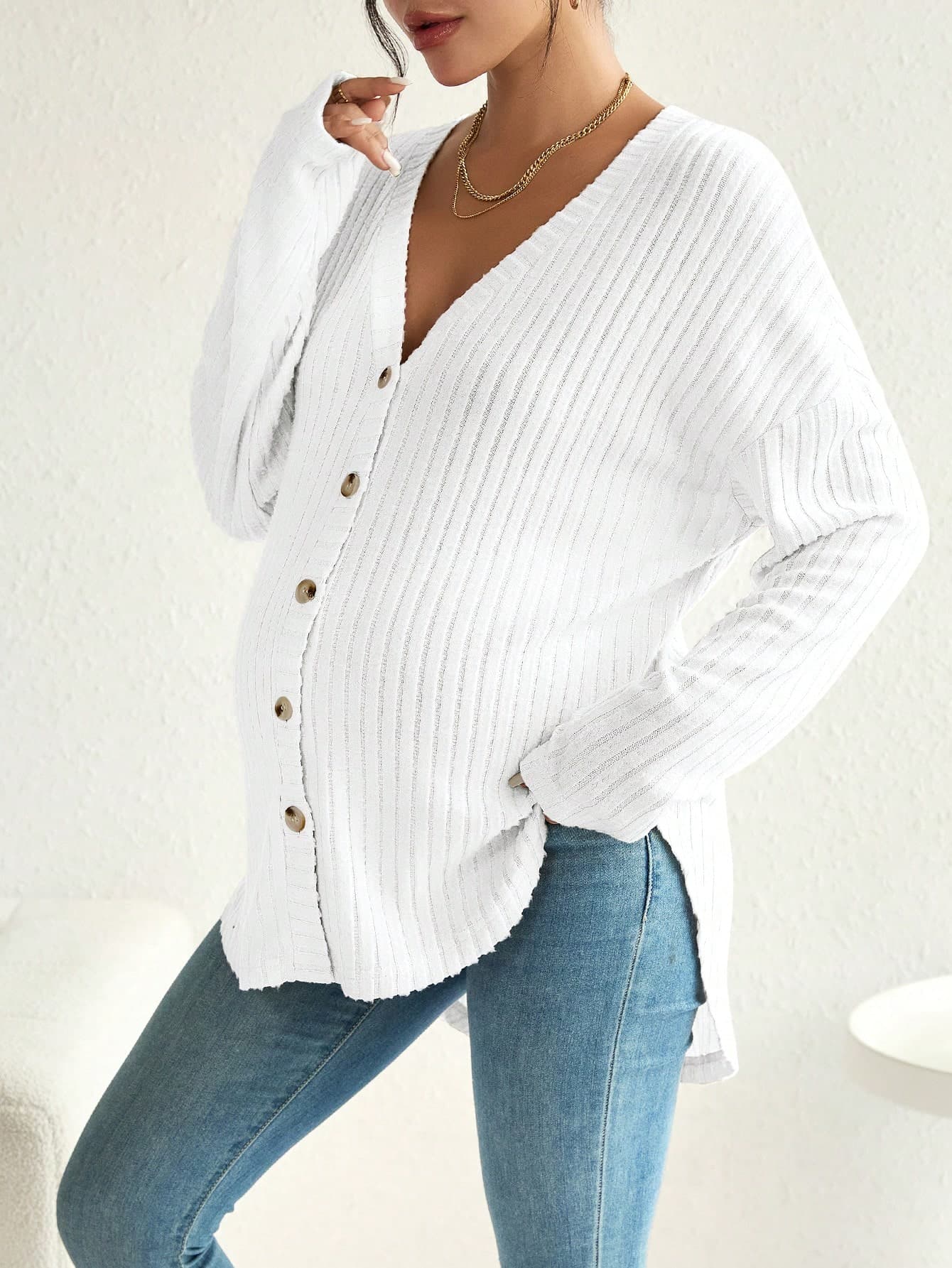 SHEIN Maternity Single-Breasted Ribbed Long Sleeve T-Shirt Winter