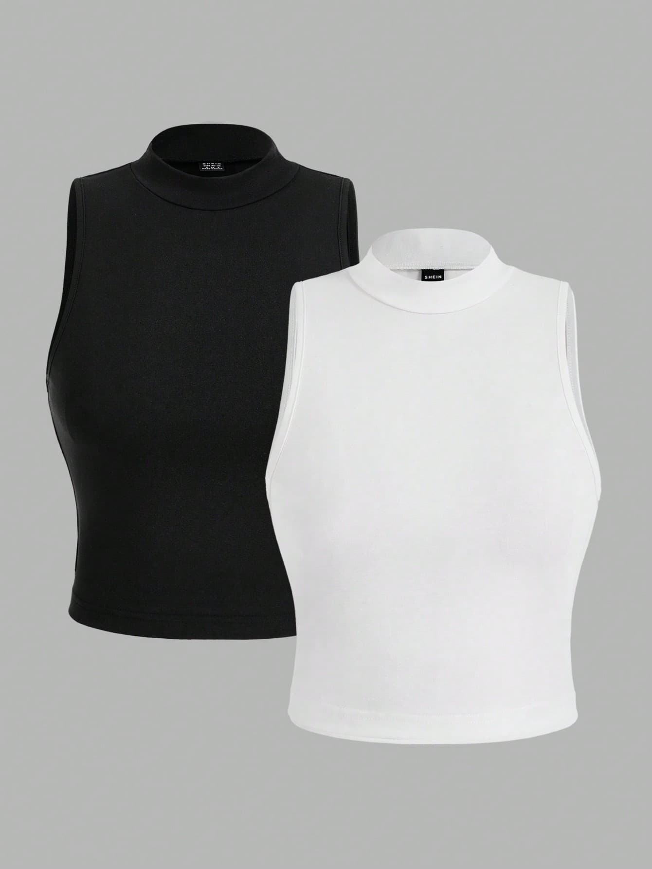 SHEIN EZwear 2pcs Turtleneck Crop Top Casual Fitted Tank Top For Women, Summer Back To School
